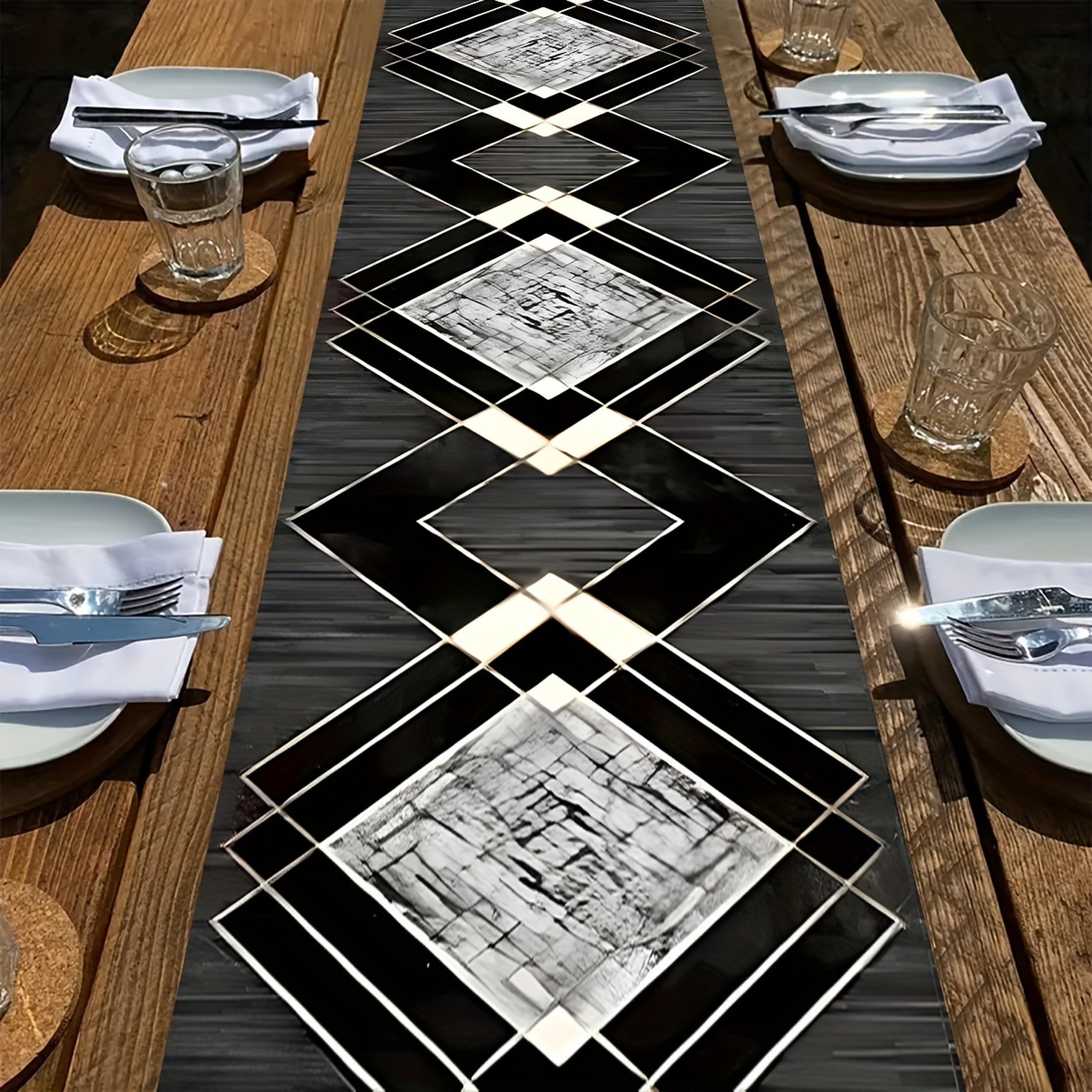 modern black and white table runner with geometric diamond boho design