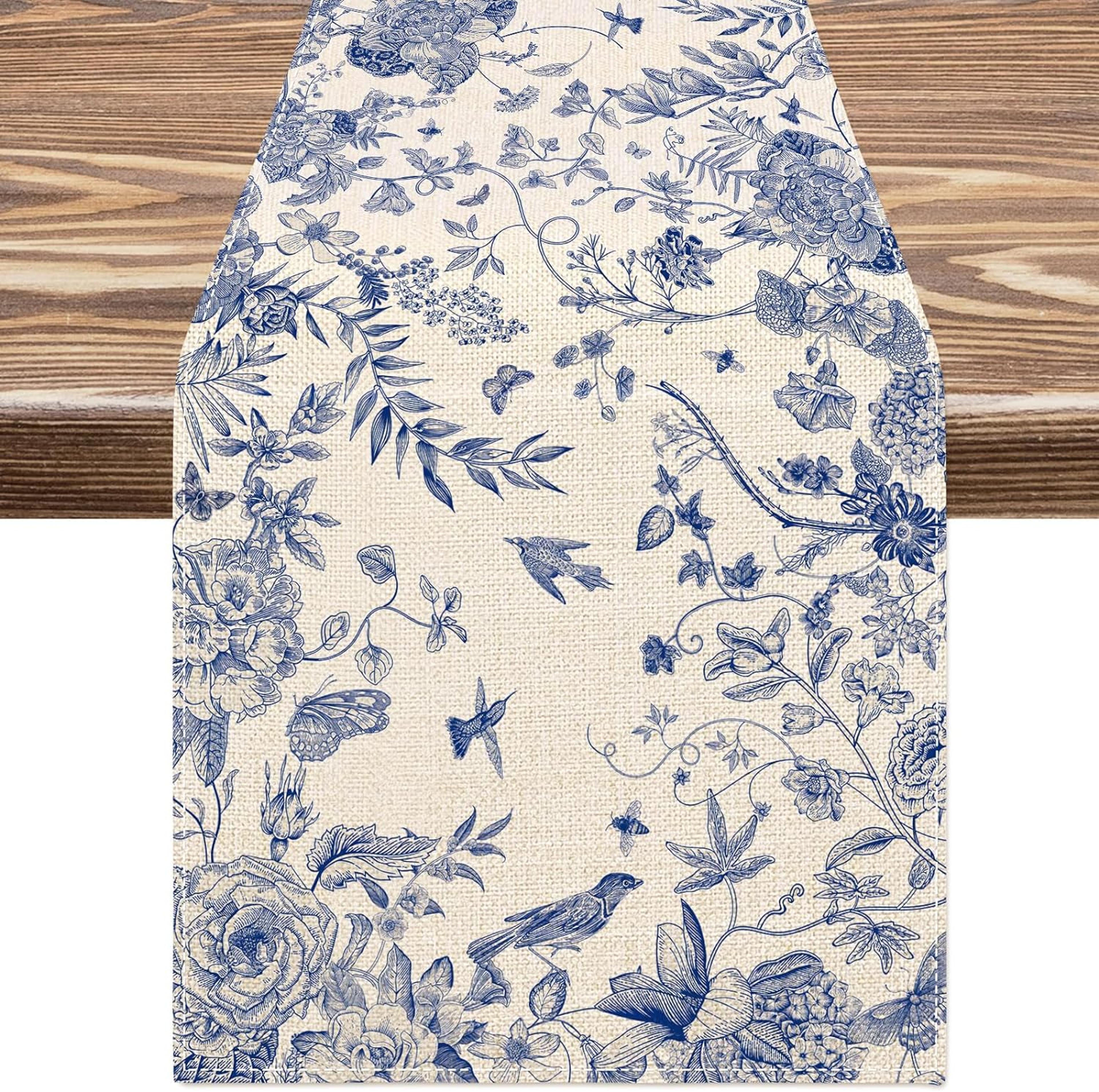 monochrome bird linen table runner for farmhouse dining and wedding decor