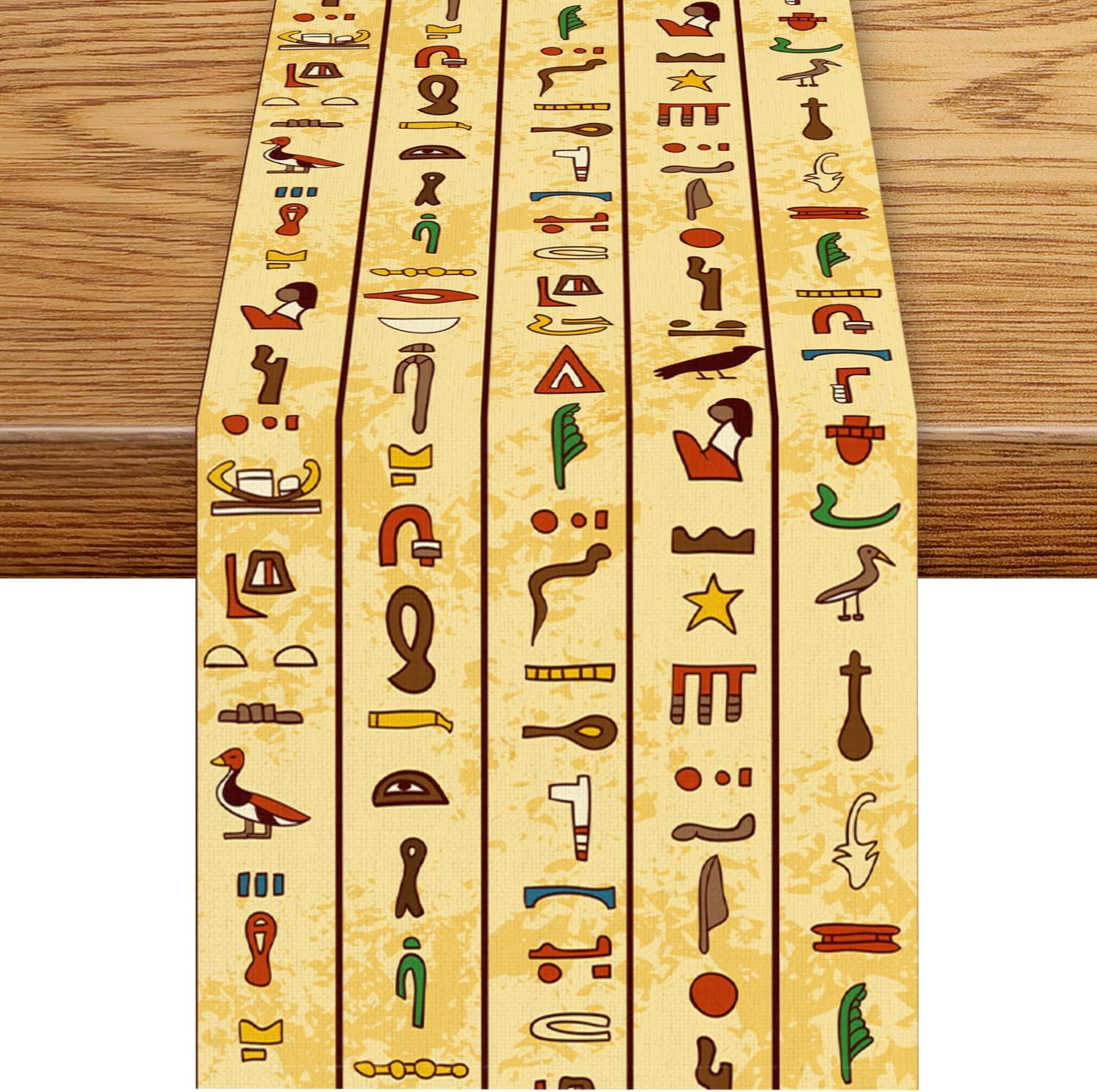 egyptian hieroglyphic linen table runner