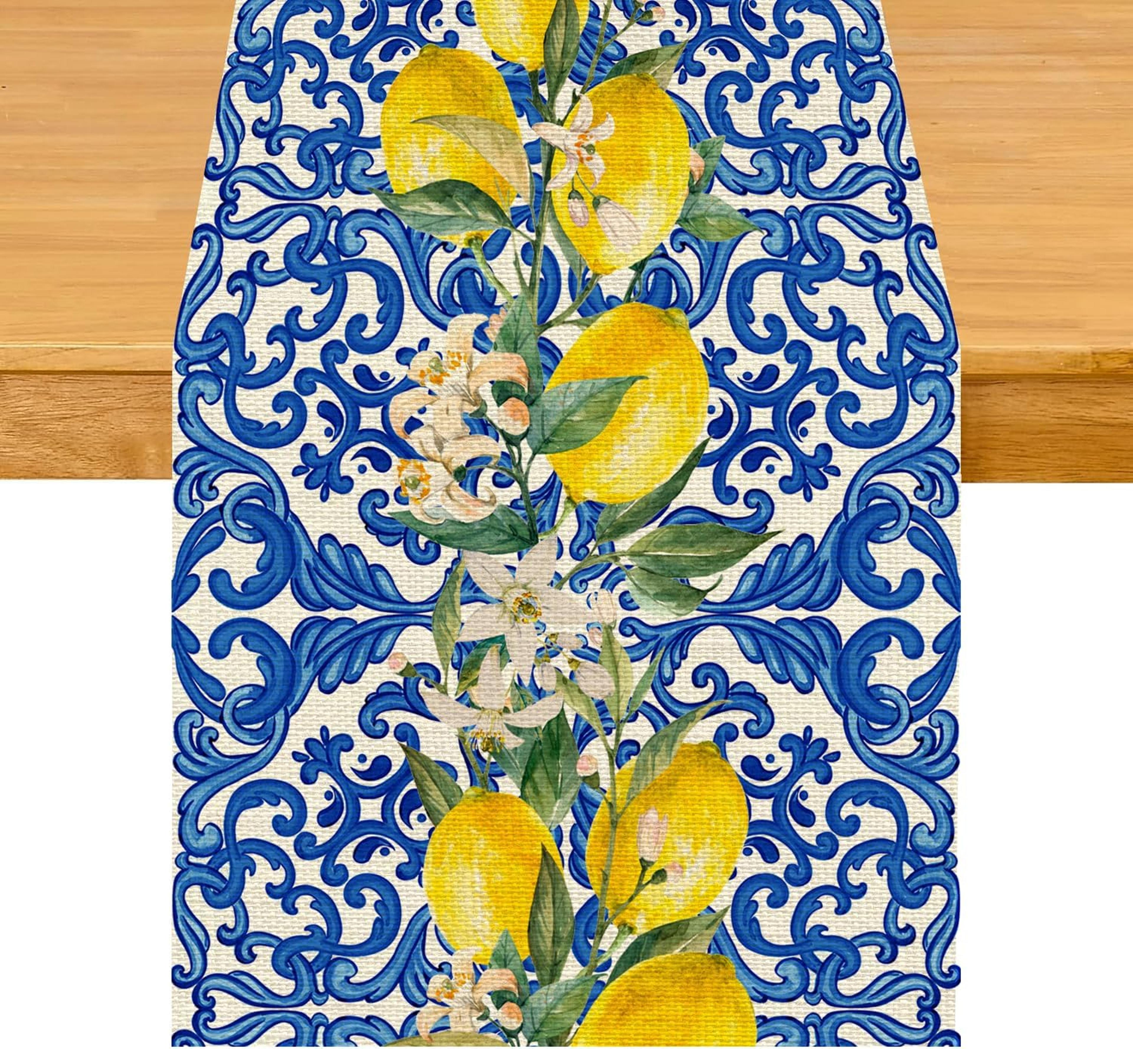 lemon blue tile linen table runner for summer dining and kitchen decor