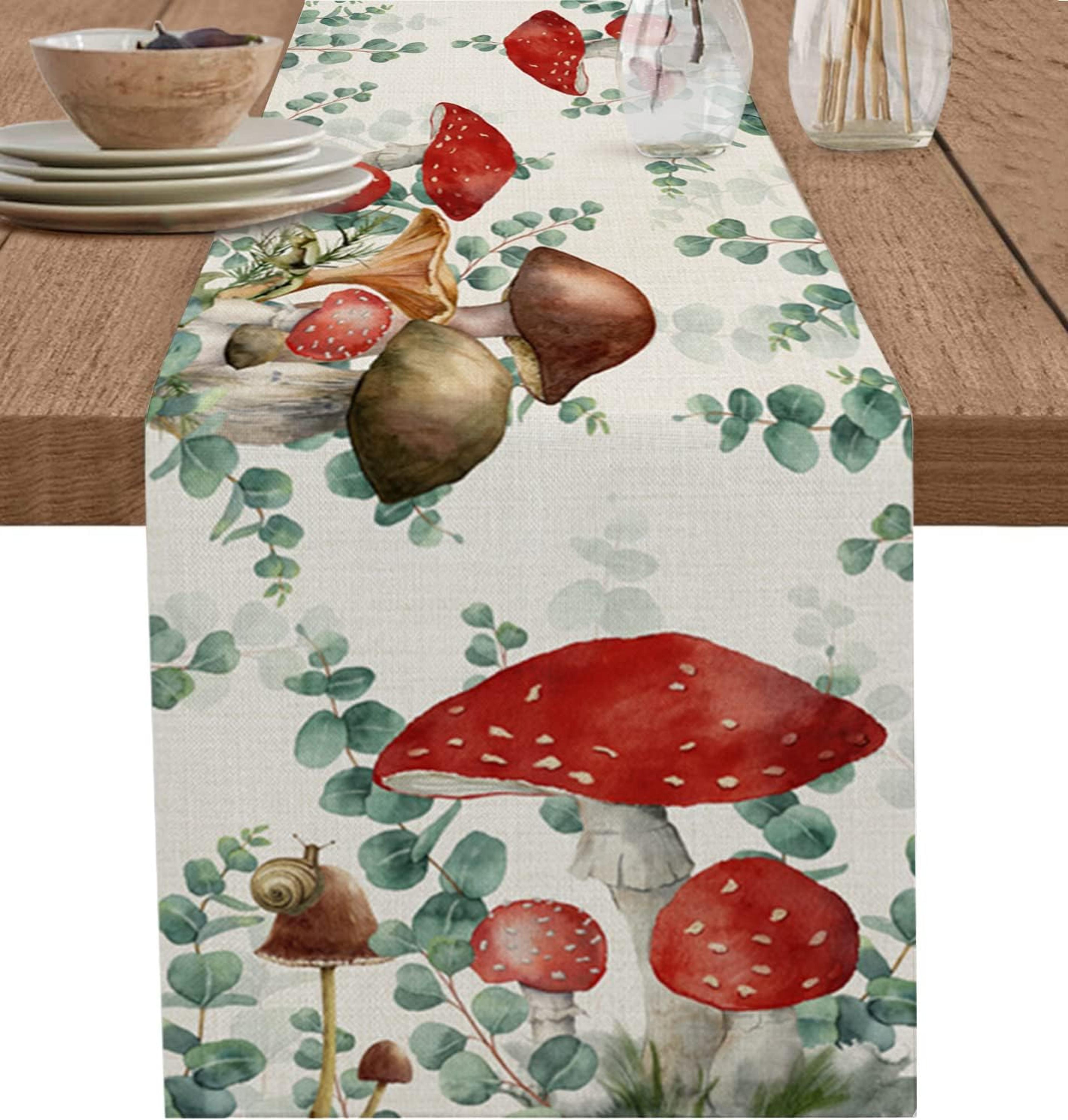 eucalyptus mushroom linen table runner for rustic boho decor