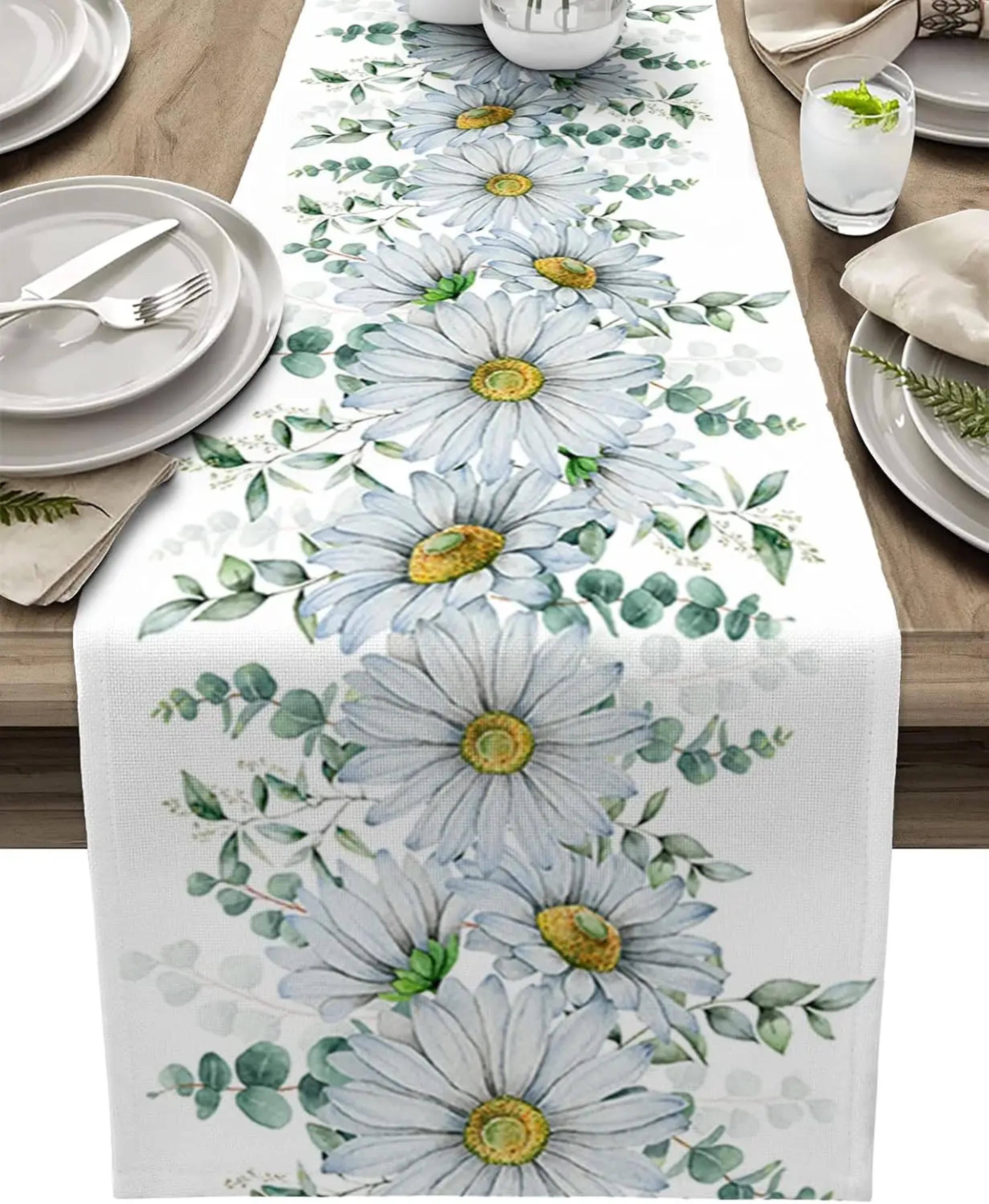 eucalyptus table runner with daisy floral farmhouse linen look