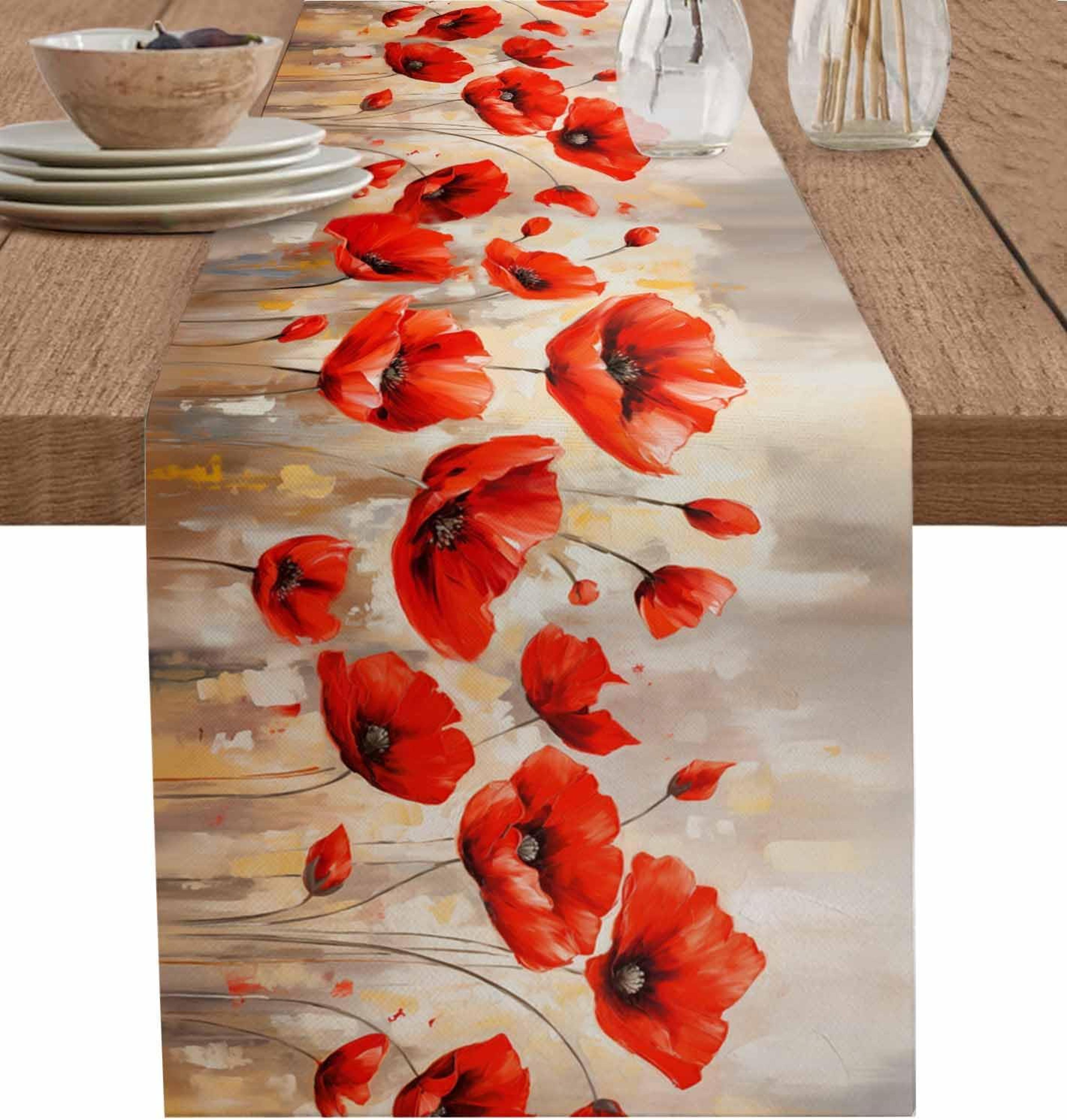 red poppy linen table runner for farmhouse floral table decor