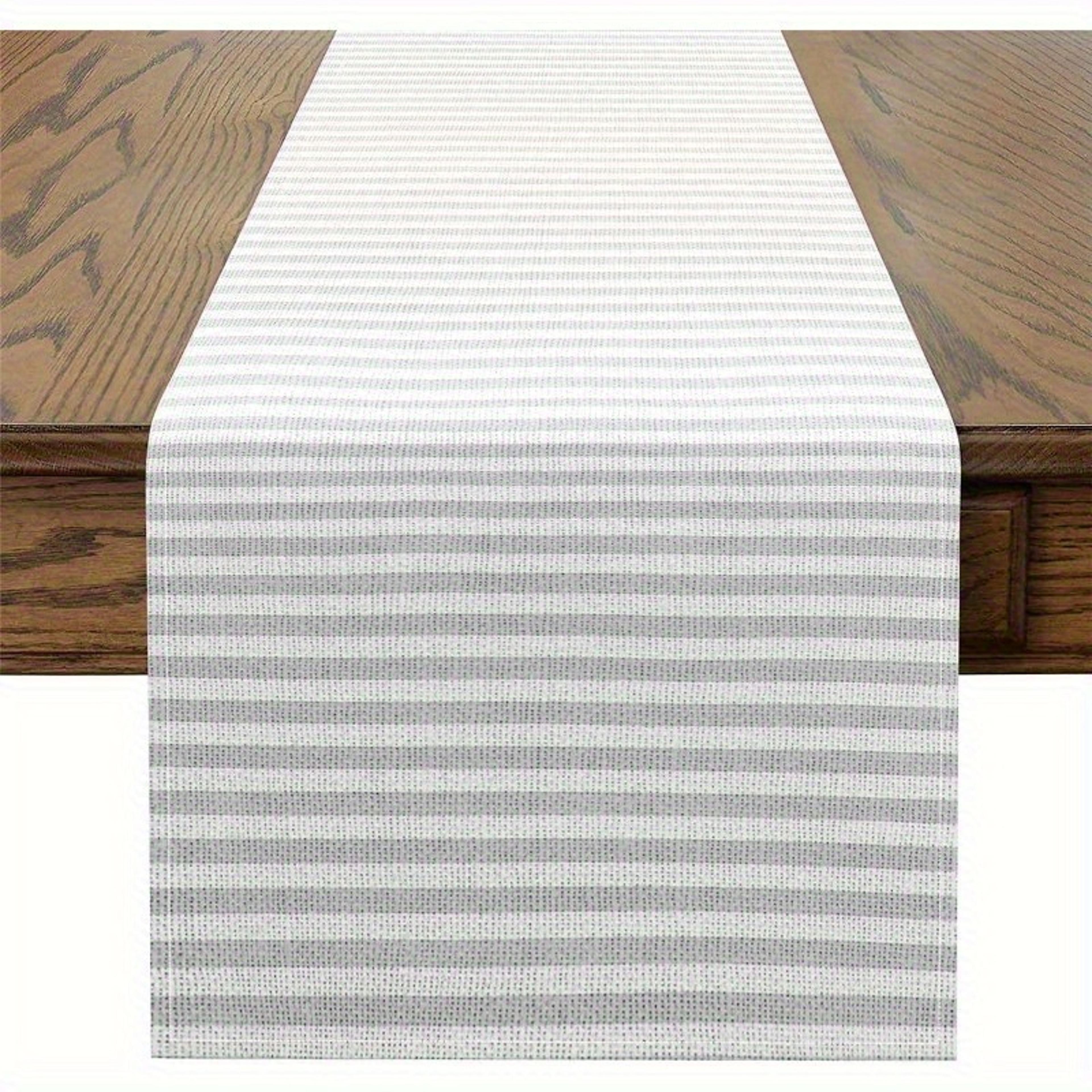 light gray white striped linen table runner for modern dining decor