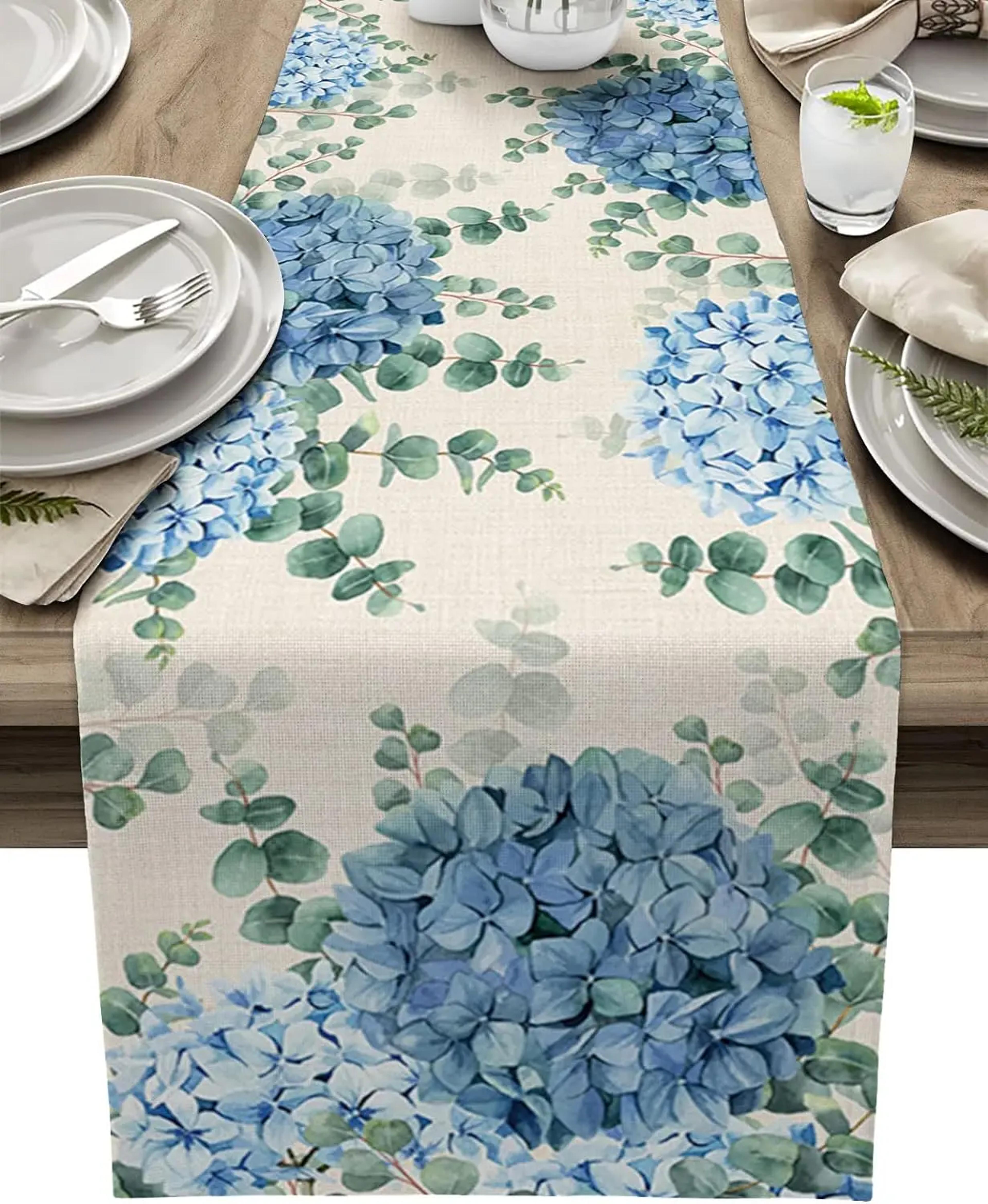 blue hydrangea eucalyptus linen table runner for farmhouse dining and wedding decor