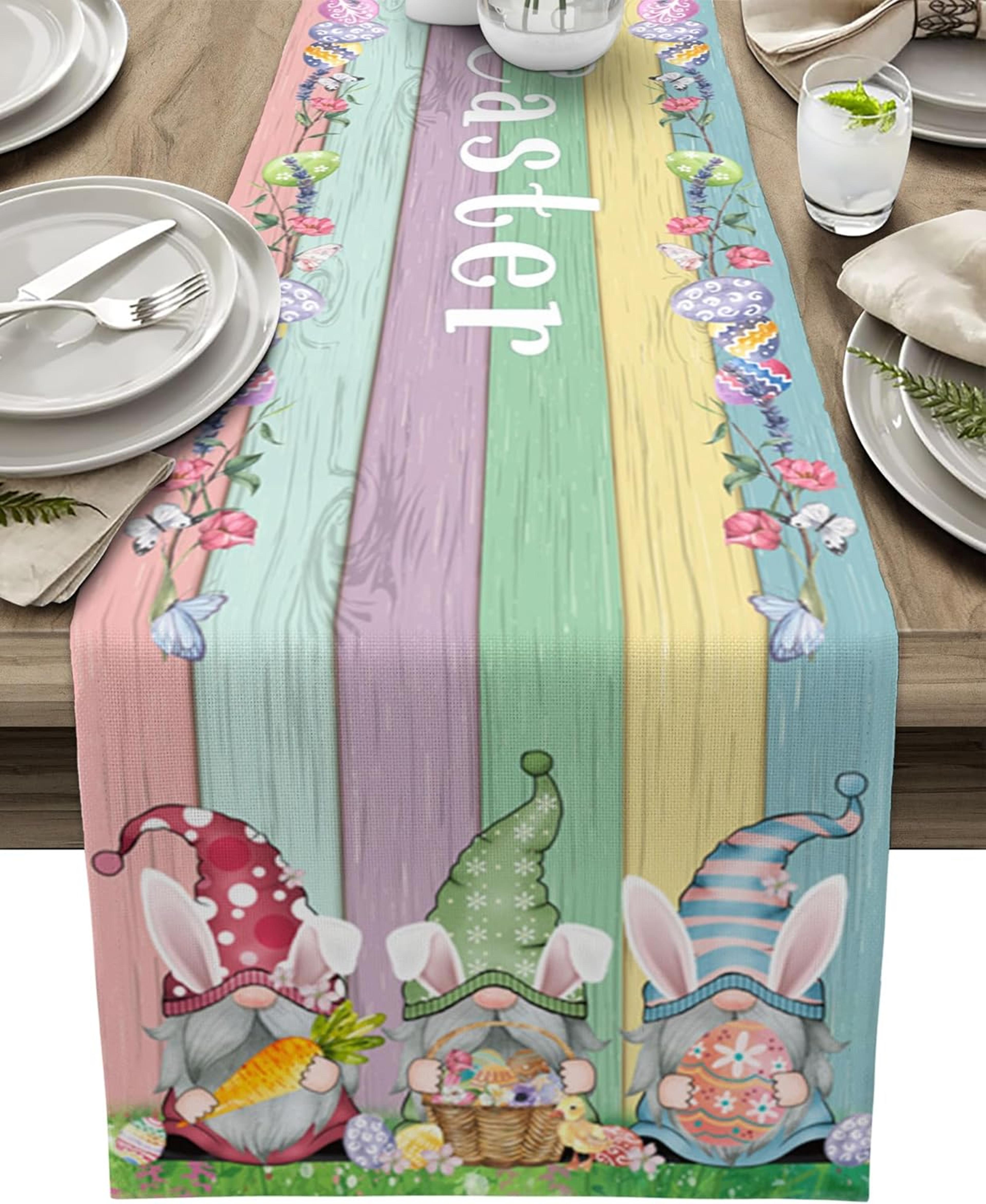 farmhouse easter linen table runner with gnomes, eggs & rabbit ears spring holiday decor