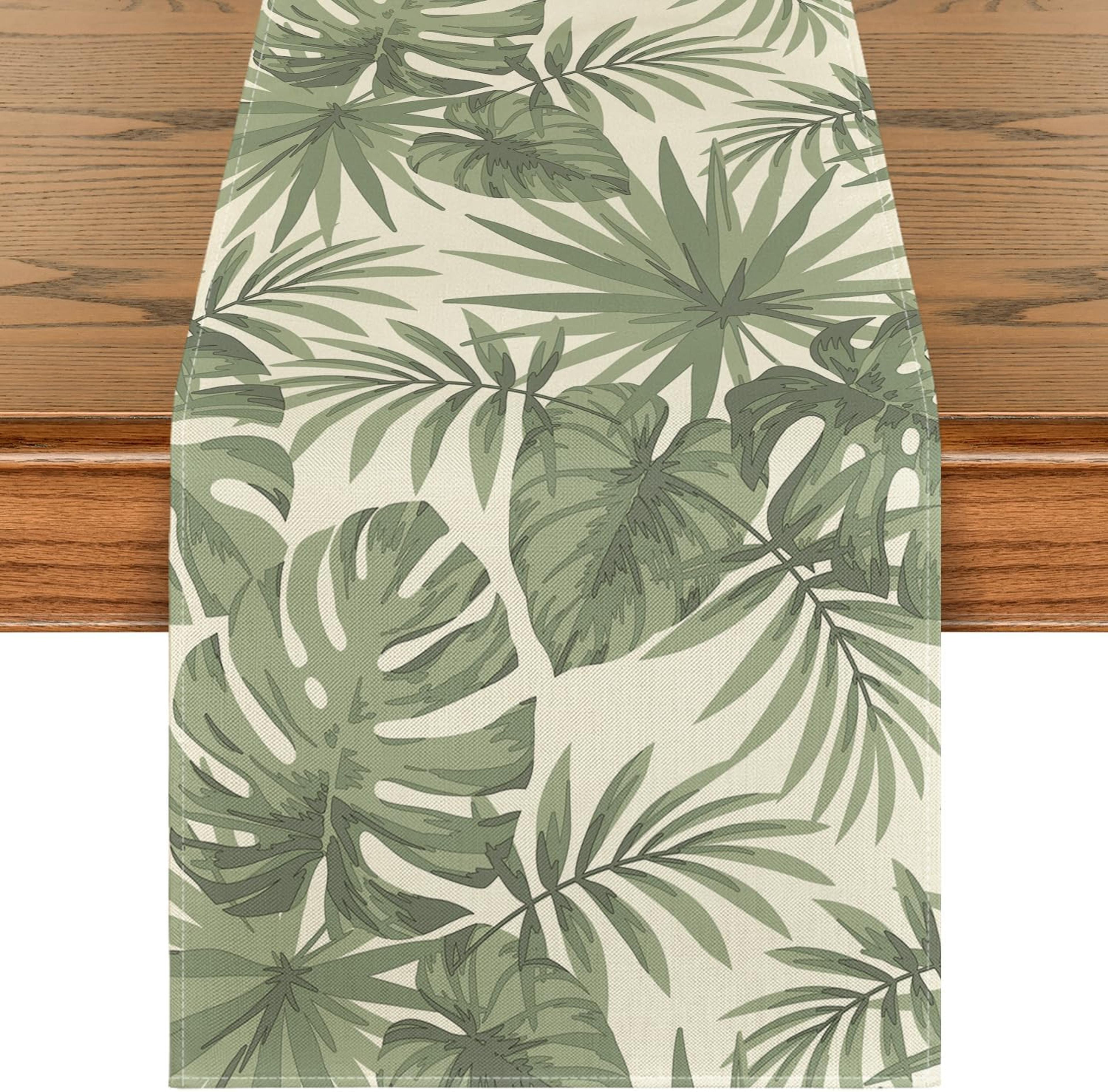 green leaf linen table runner for kitchen dining wedding decor
