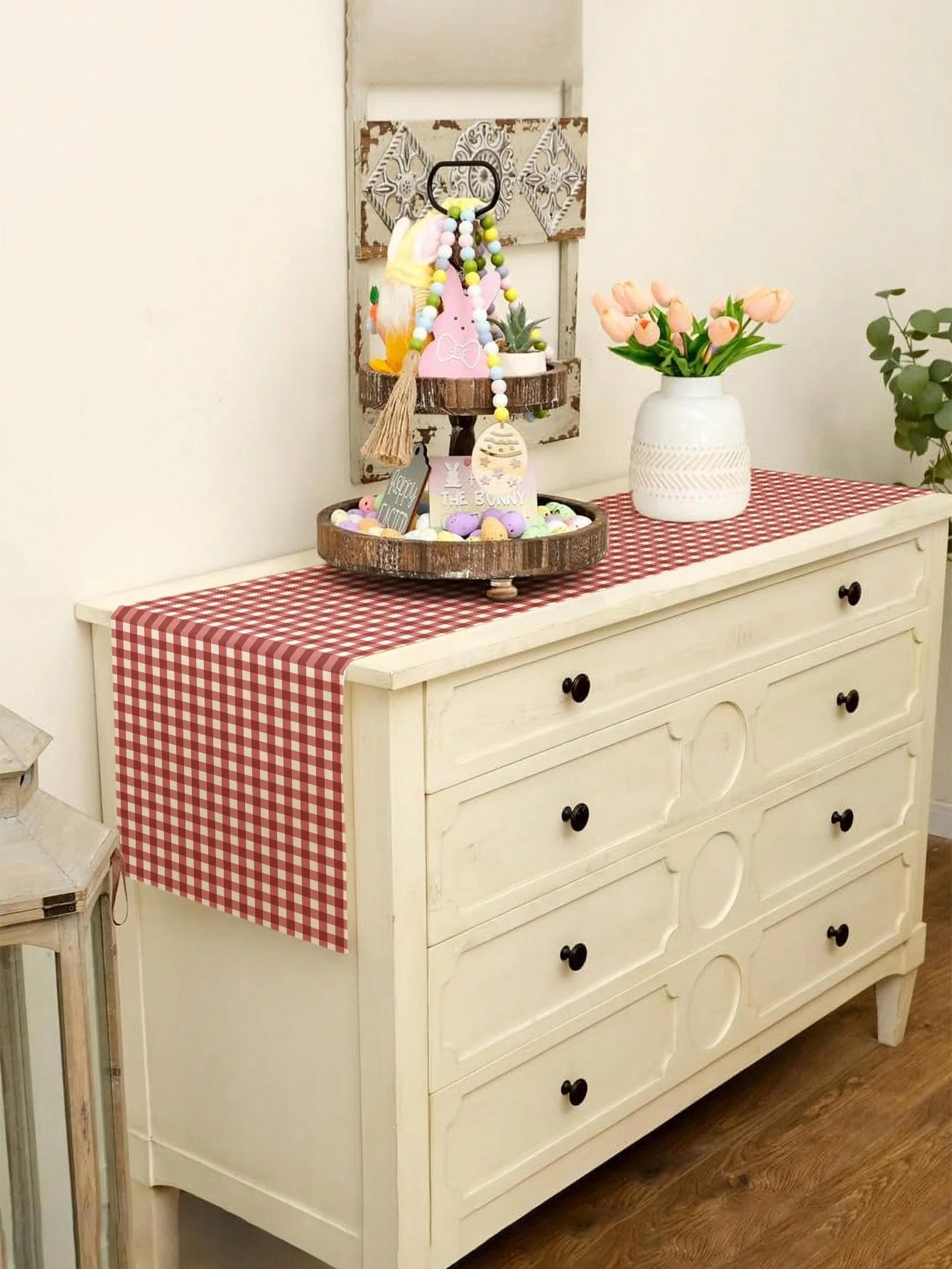 classic red gingham check table runner for dining room & kitchen decor