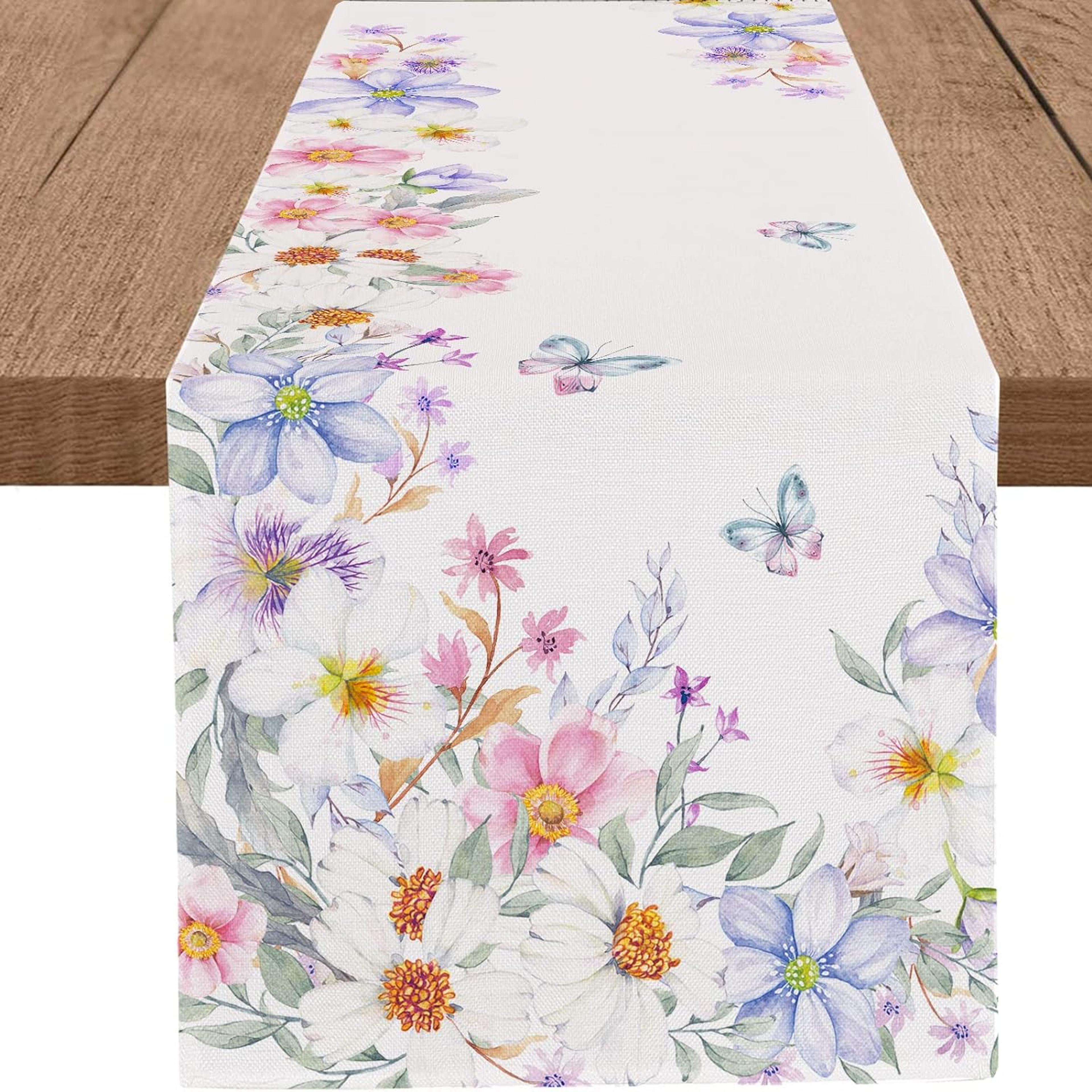 spring floral table runner with butterfly wildflower design for weddings & home decor