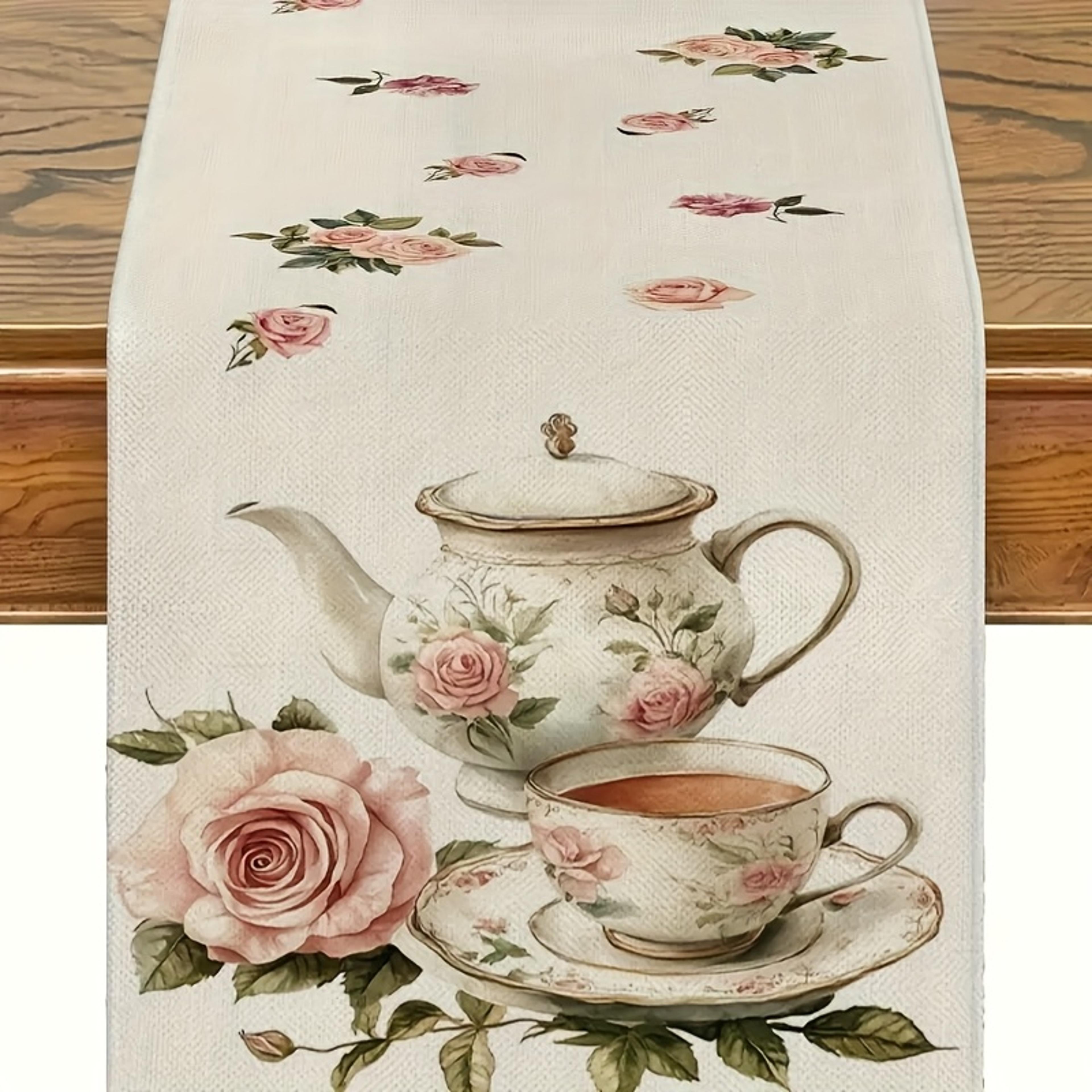retro british table runner with delicate tea sets & pink rose pattern elegant home & party decor