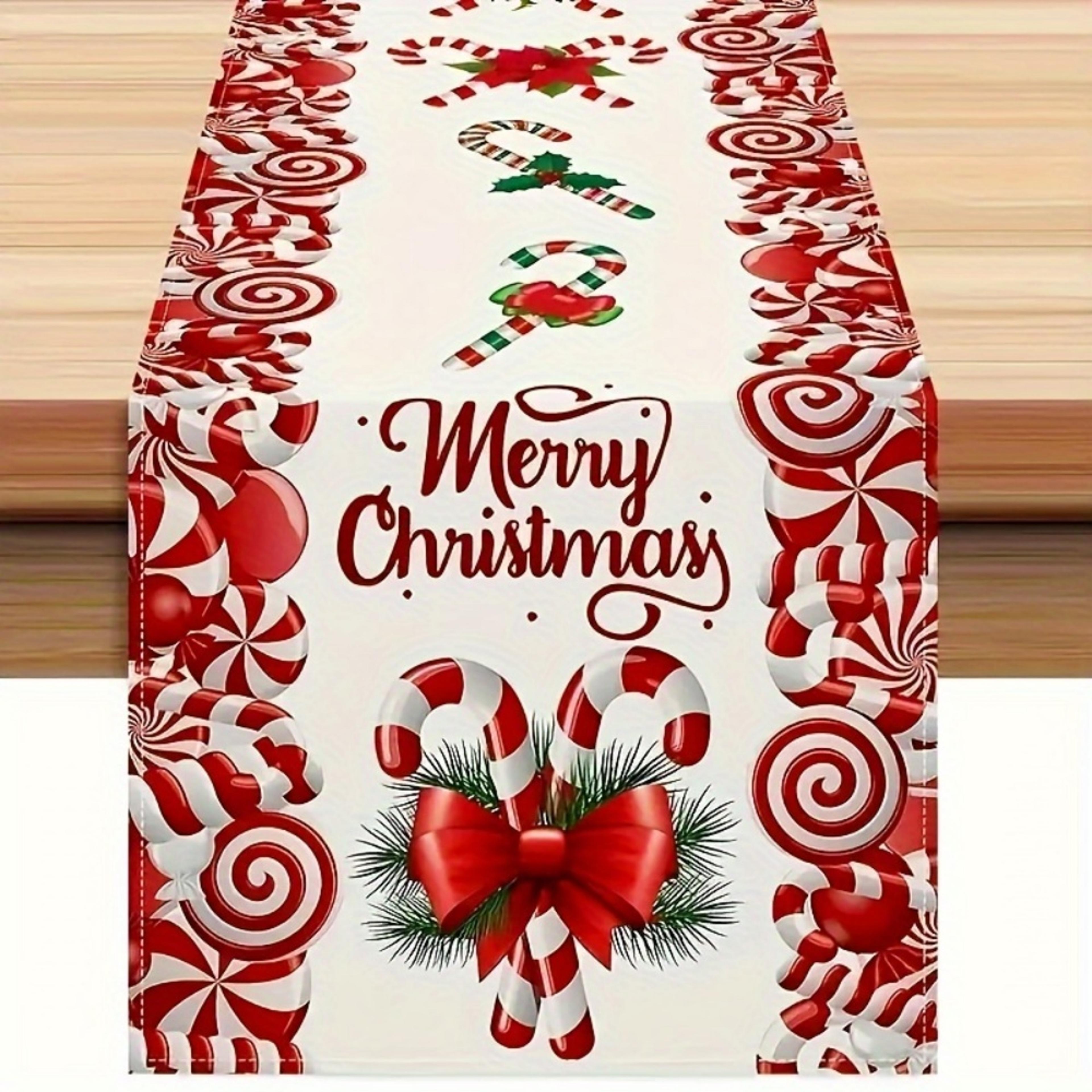 premium festive christmas table runner with candy cane & bow print classic holiday centerpiece decor for dining tables