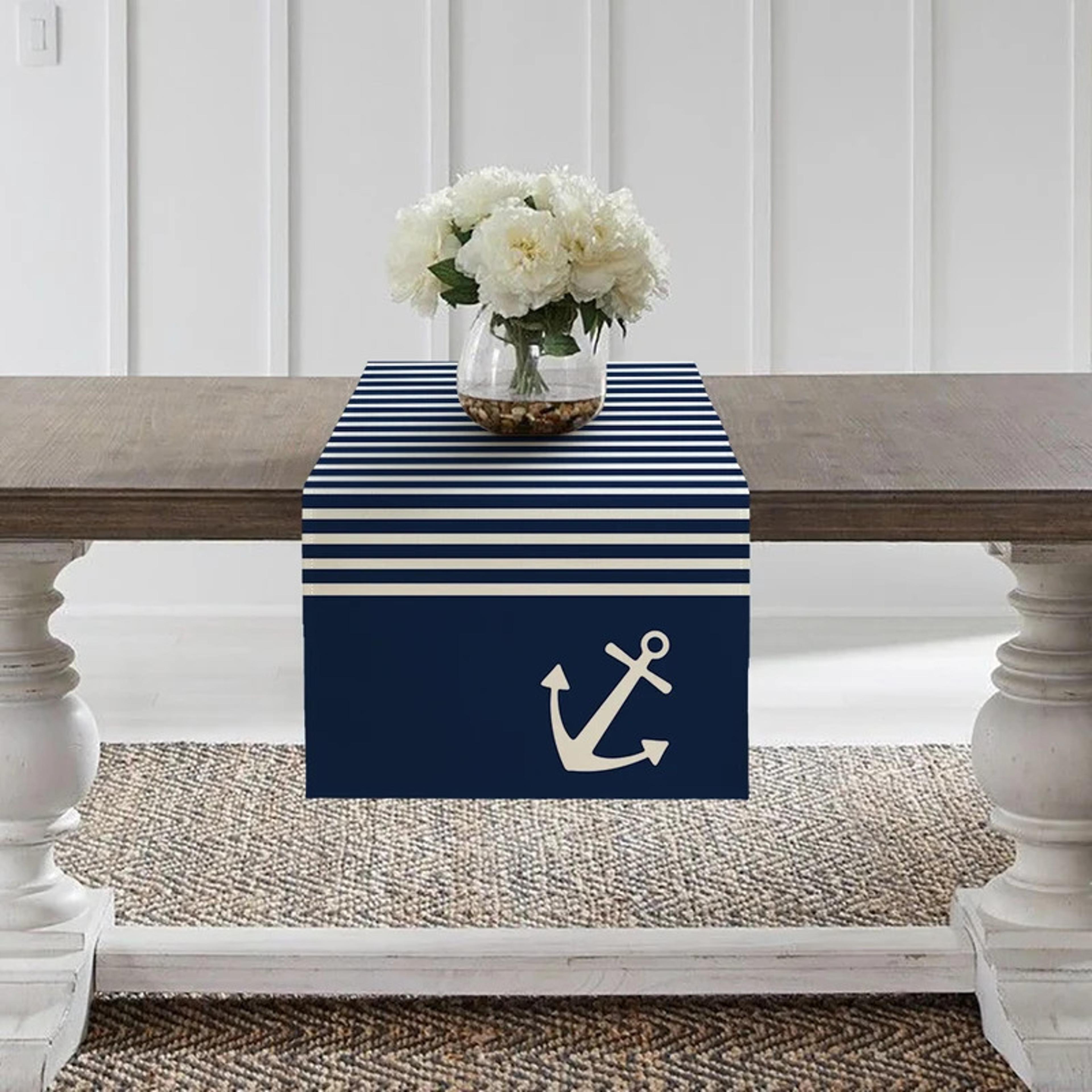 nautical table runner with anchor compass design for coastal dining decor