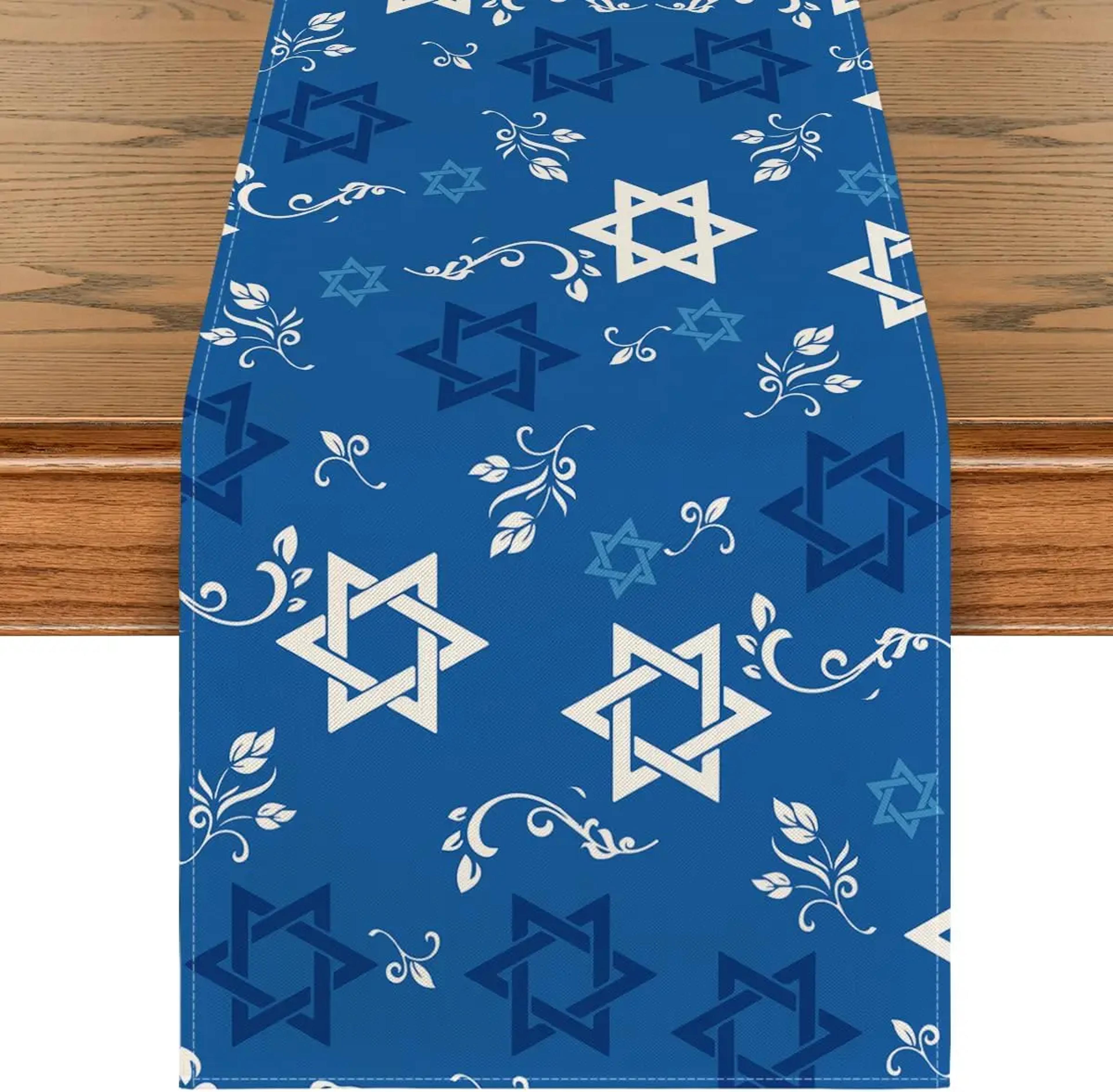 premium linen hanukkah table runner jewish holiday table decor with star of david & menorah