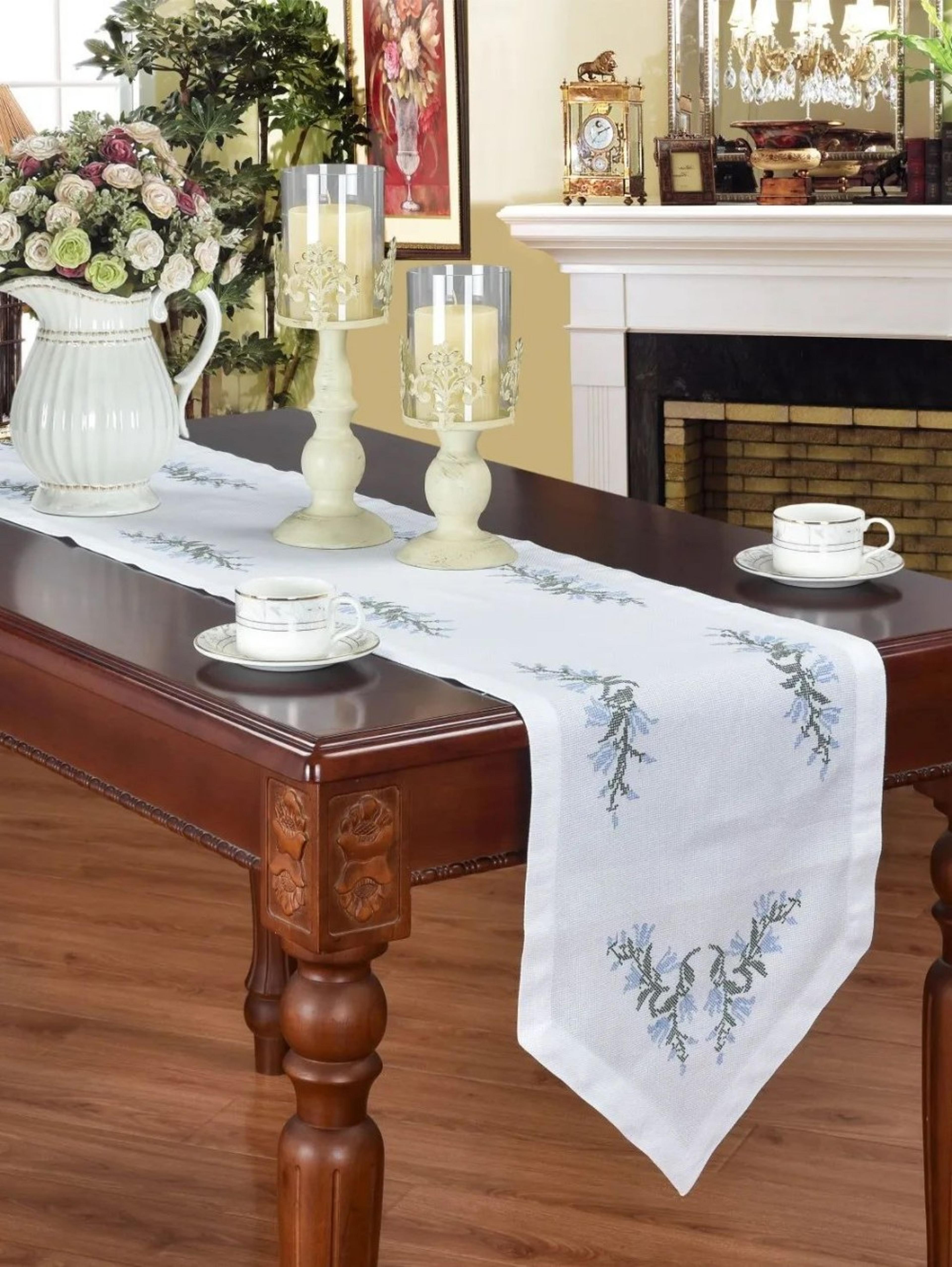 elegant embroidered tablecloth luxury rectangular dining tablecloth home decor with blue bell cross stitch design