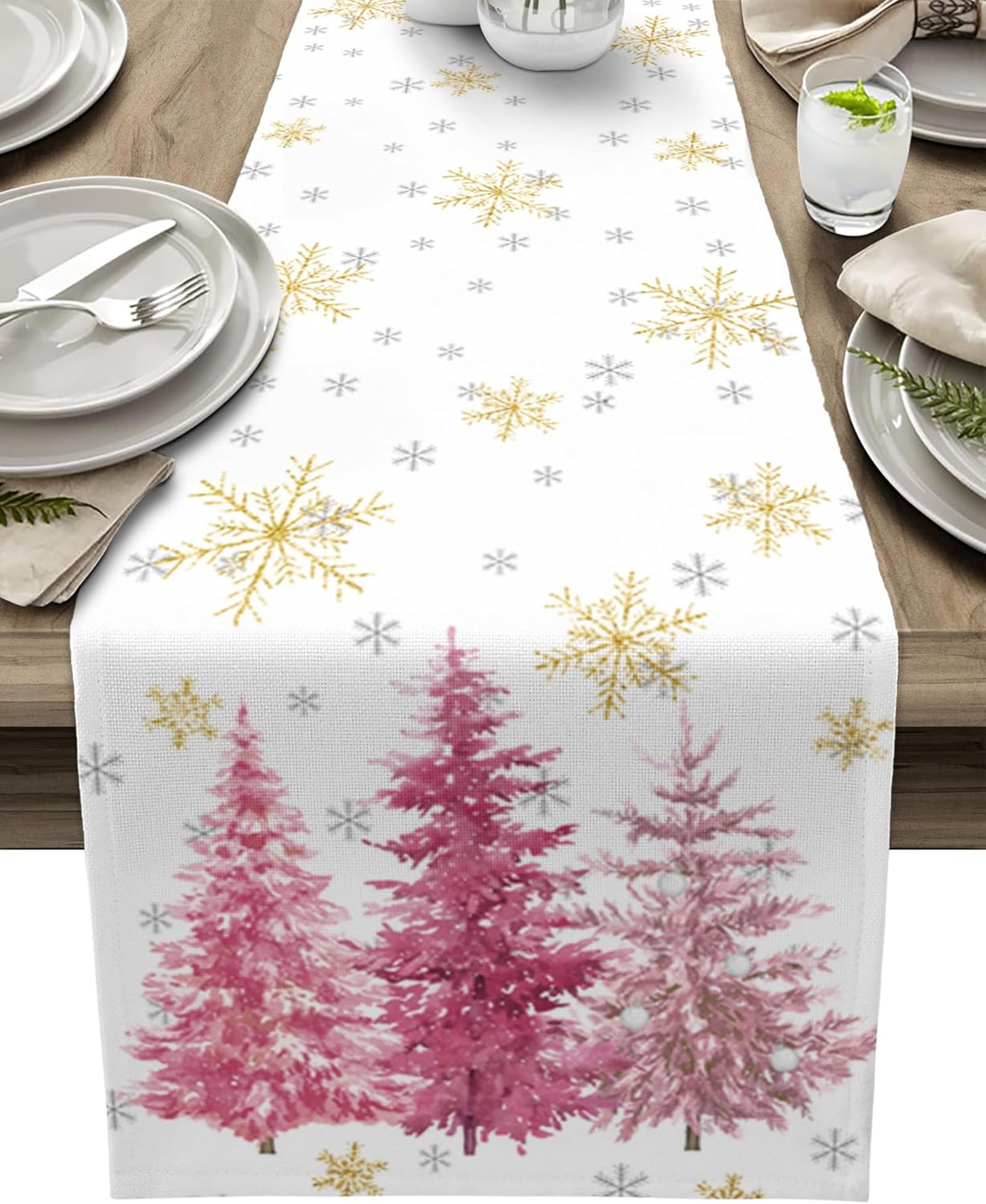 premium pink christmas linen table runner with pine tree & gold snowflake holiday dining decor