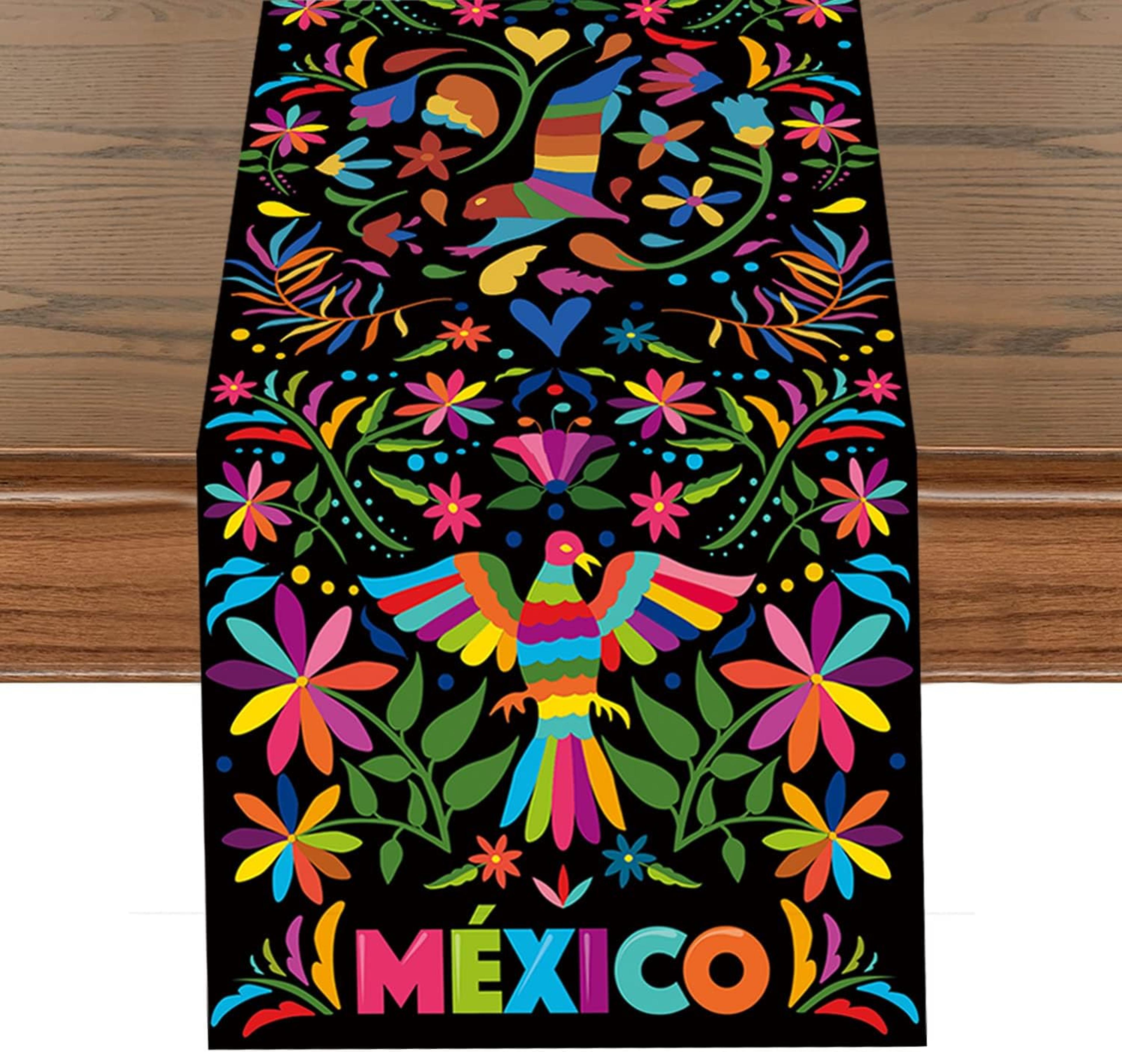 mexican floral linen table runner for fiesta, day of the dead and dining decor