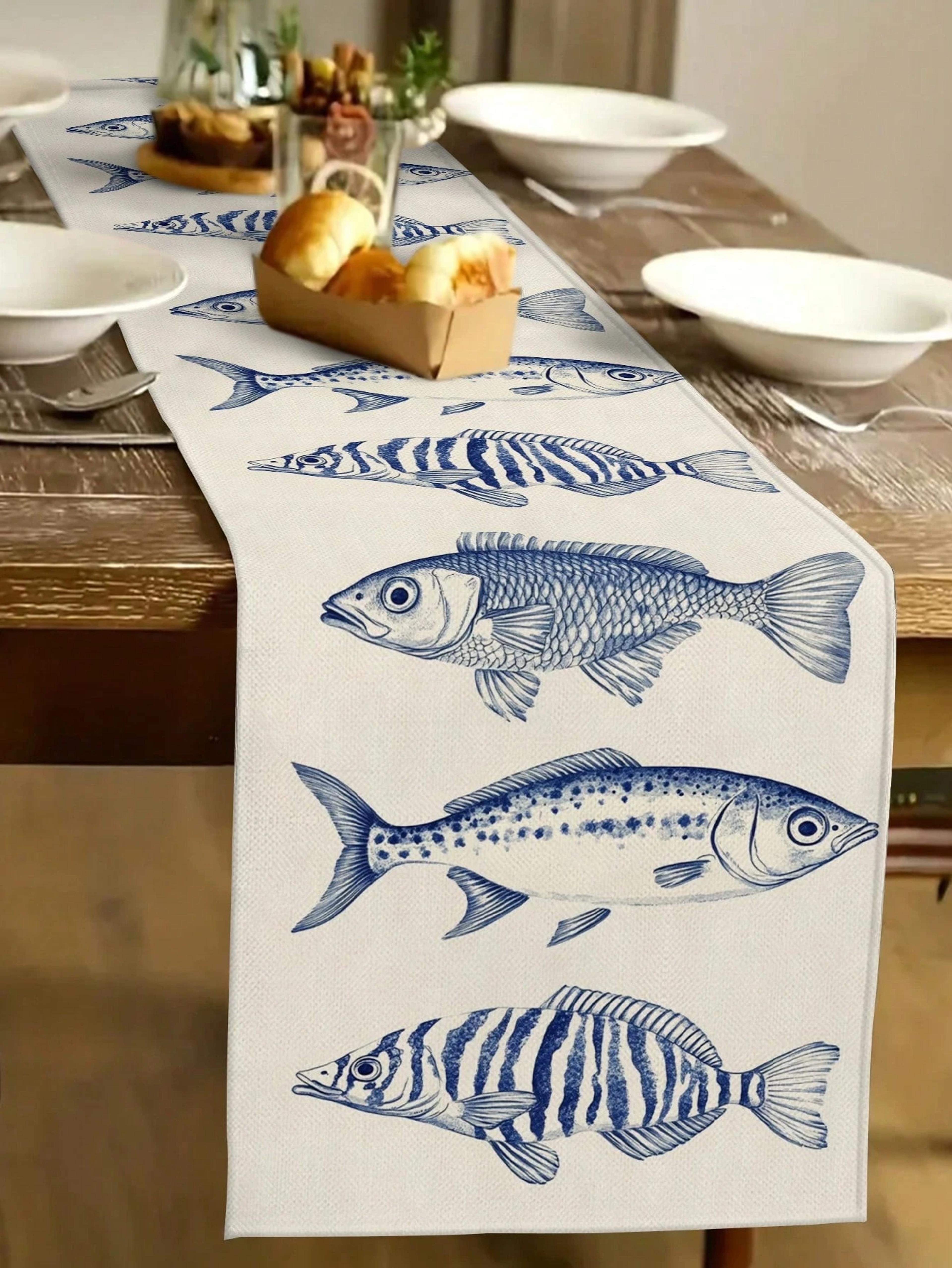 elegant nautical table runner with marine fish pattern coastal dining decor for seaside homes