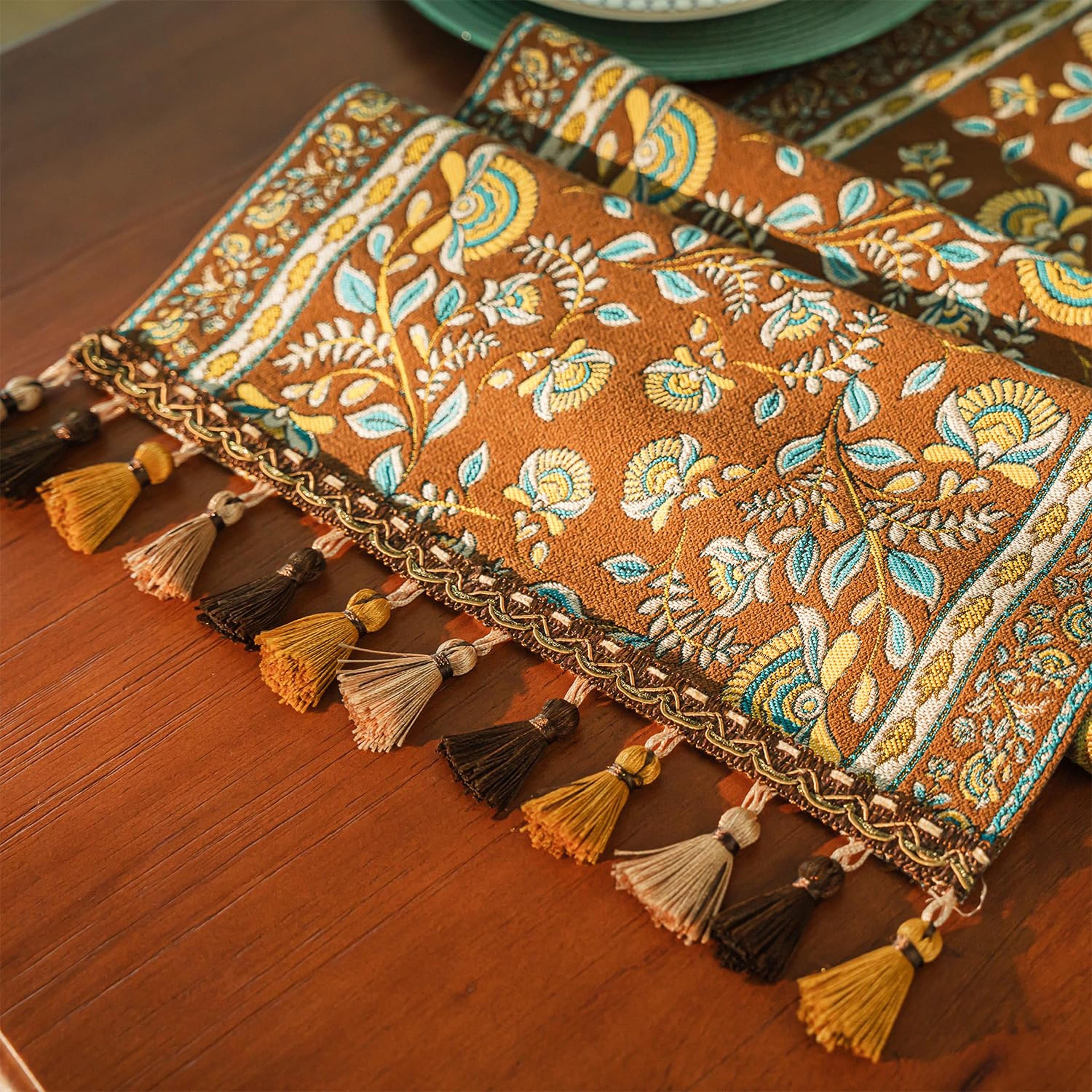retro tassel farmhouse table runner for rustic dining table decor
