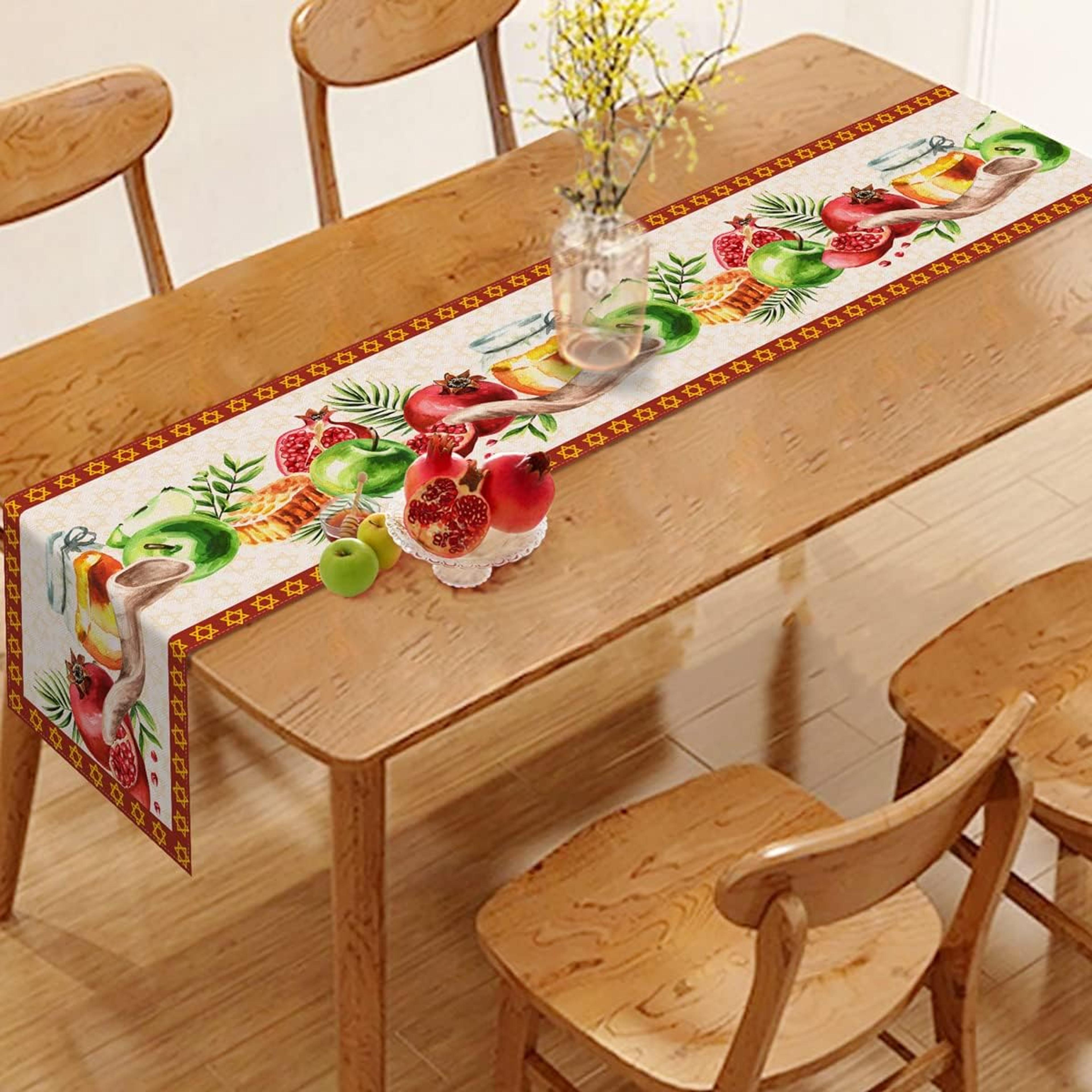 elegant rosh hashanah table runner linen shana tova decor with pomegranate & honey design