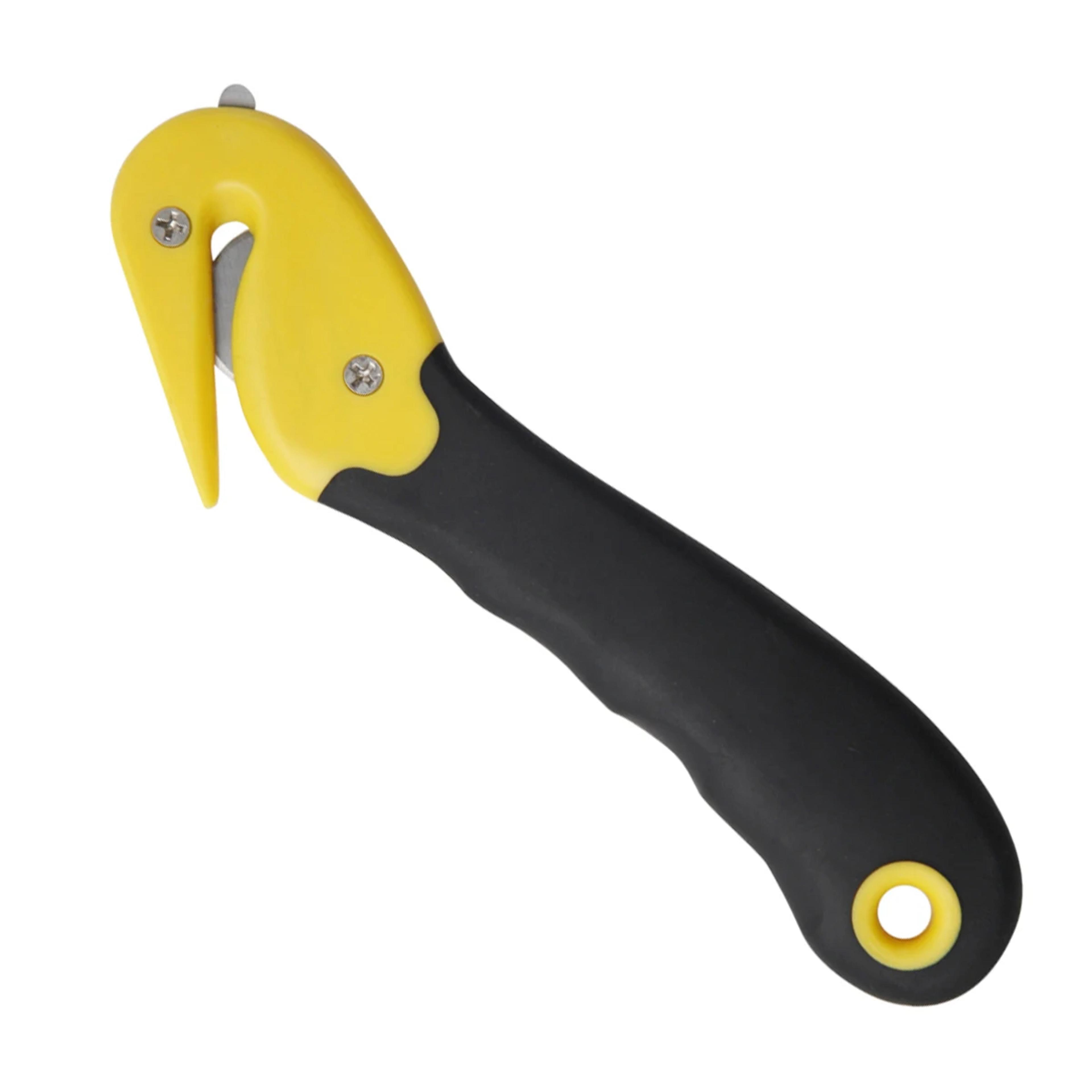 safety carton opener with ergonomic handle and hook blade cutter