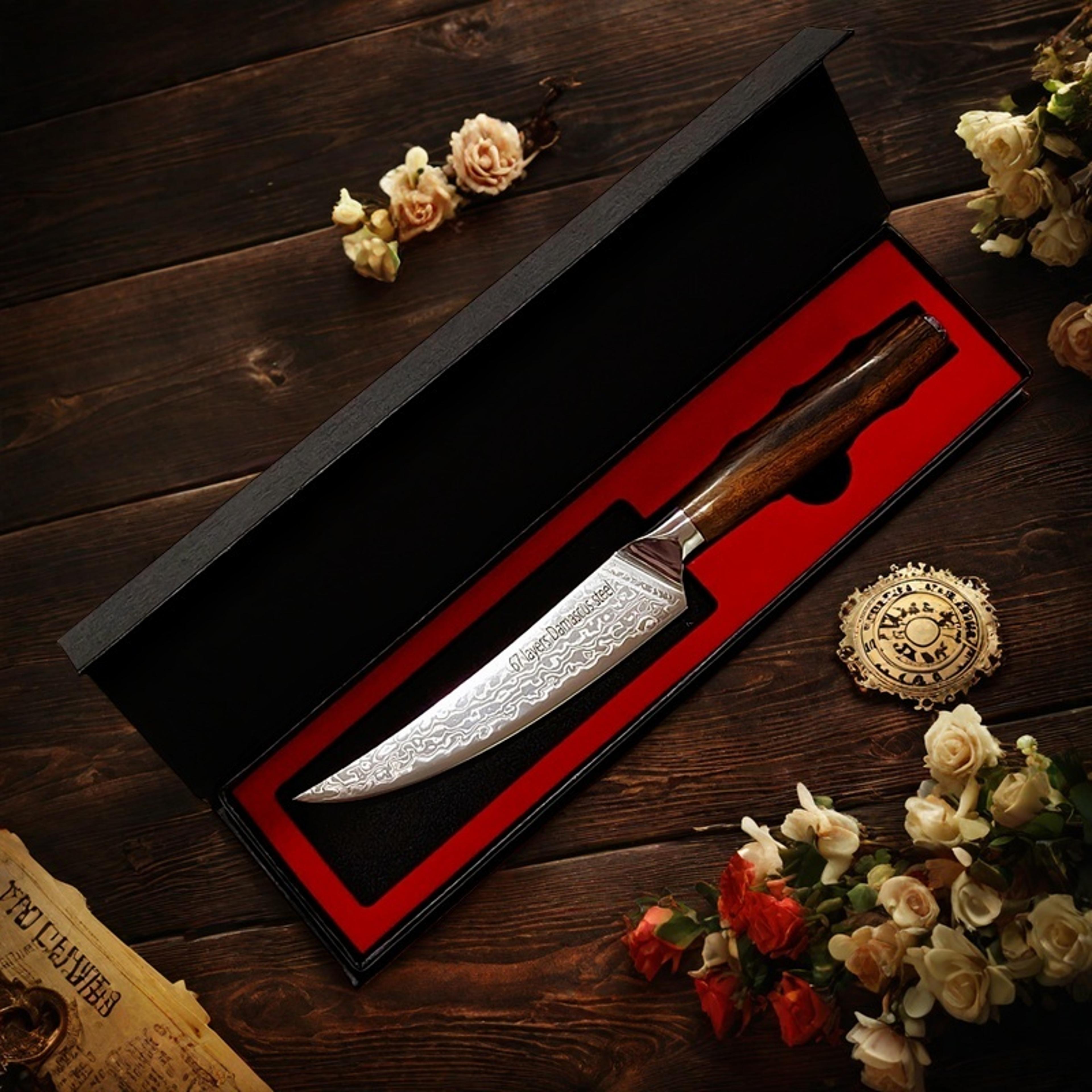 damascus steak knife with ebony handle for precision kitchen cutting
