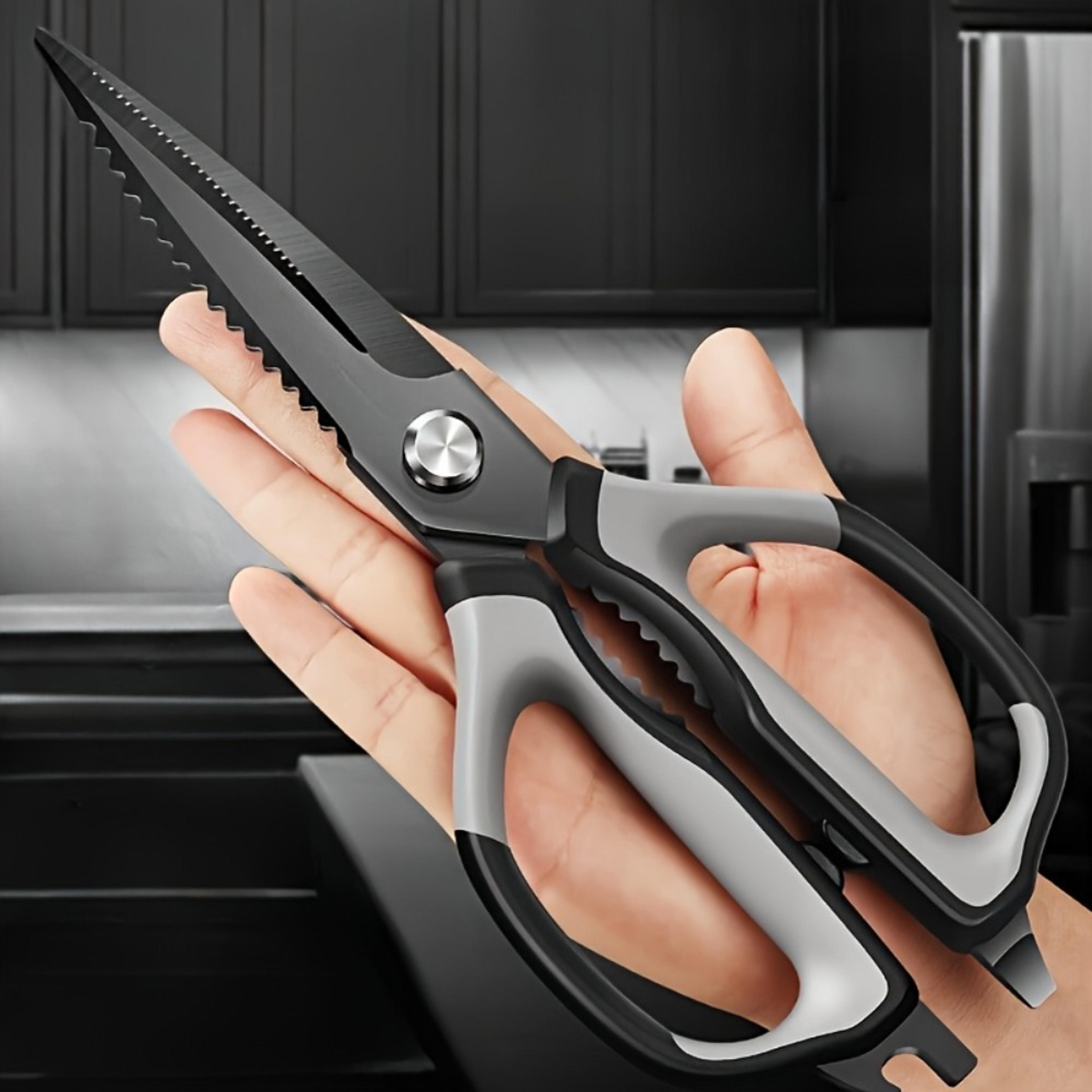 black titanium stainless steel kitchen shears with bottle opener | heavy duty poultry scissors