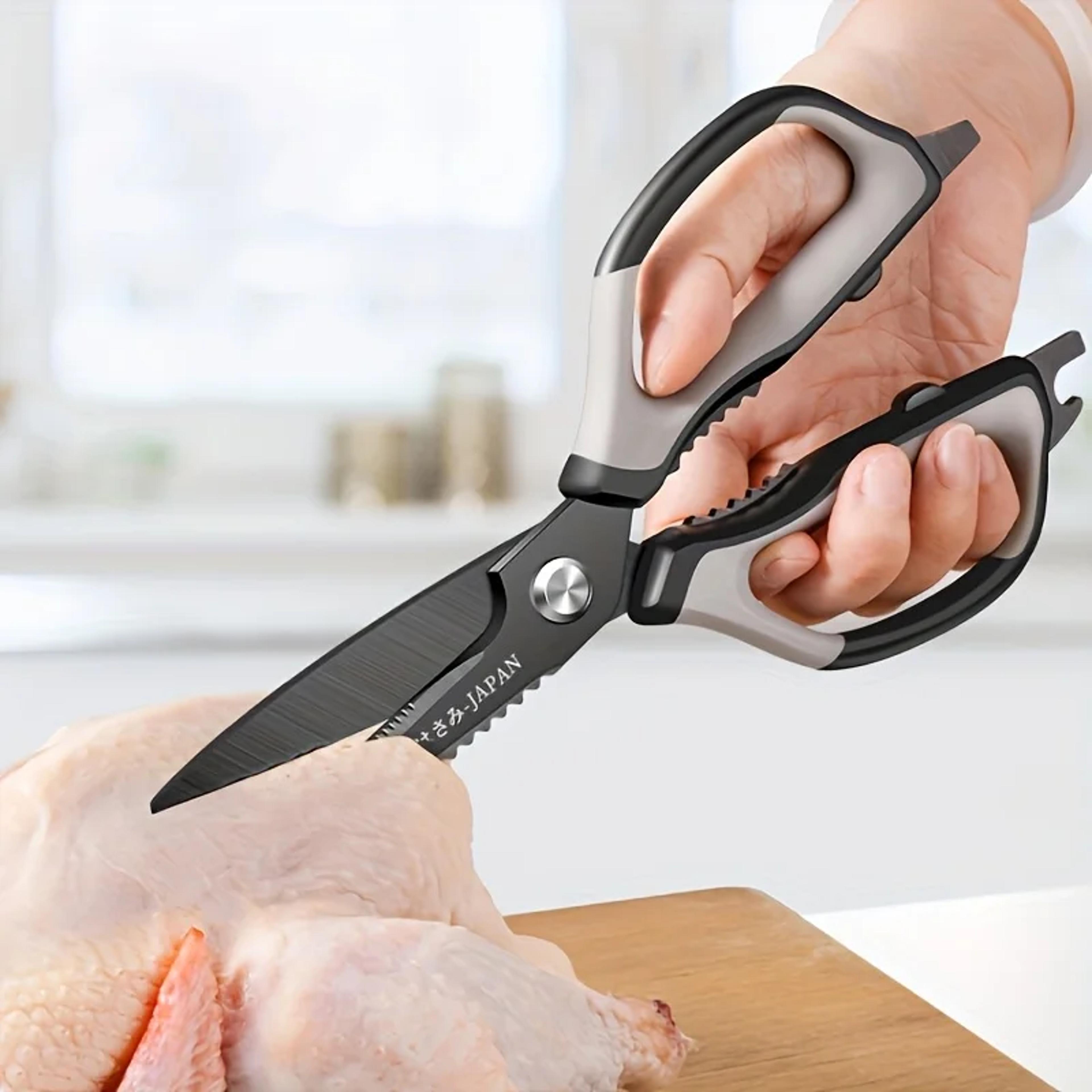 black titanium heavy duty kitchen scissors with built in bottle opener