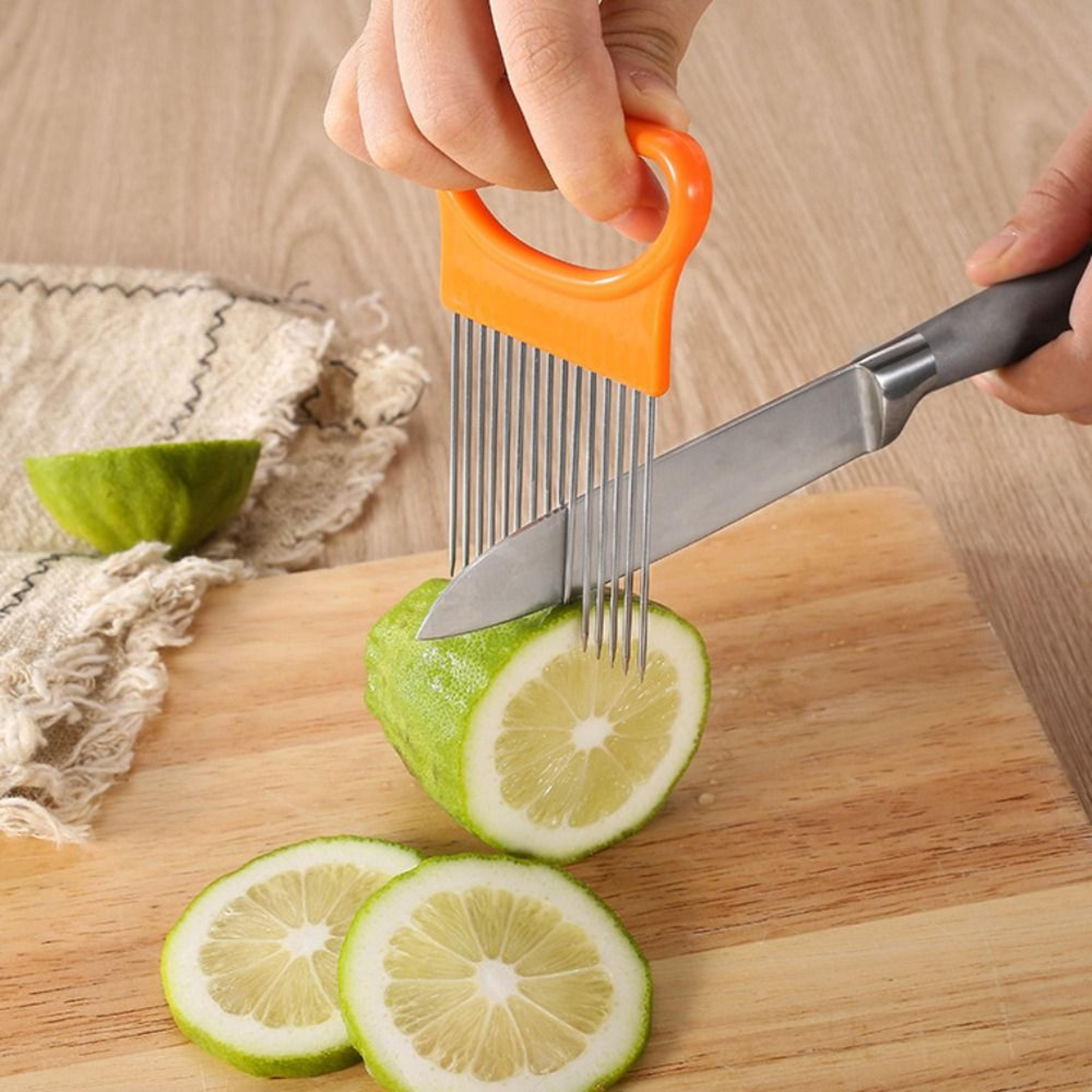 precisioncut stainless steel onion slicer holder & meat tenderizer tool with safety cover