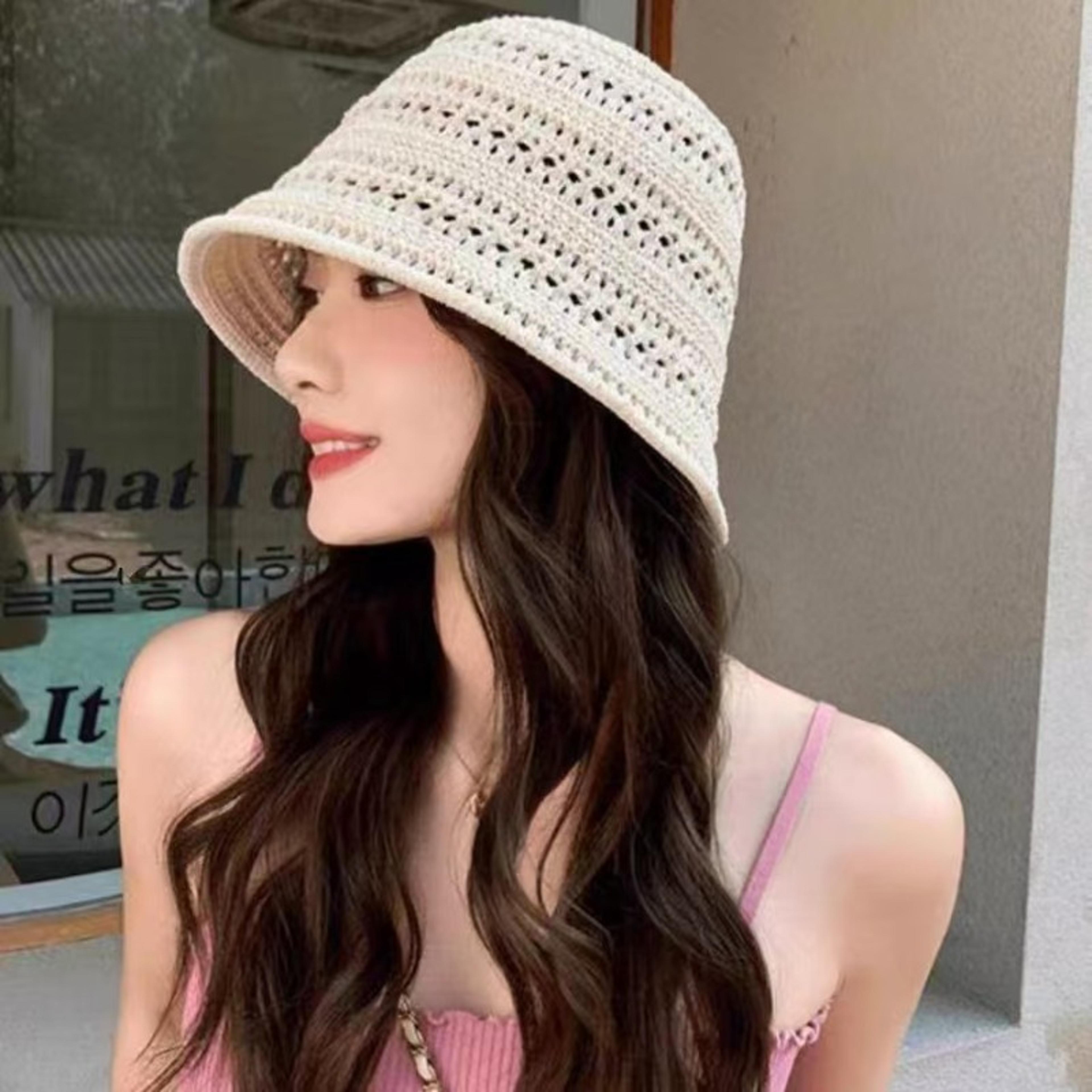 breathable summer bucket hat for women foldable hollow straw sun protection panama