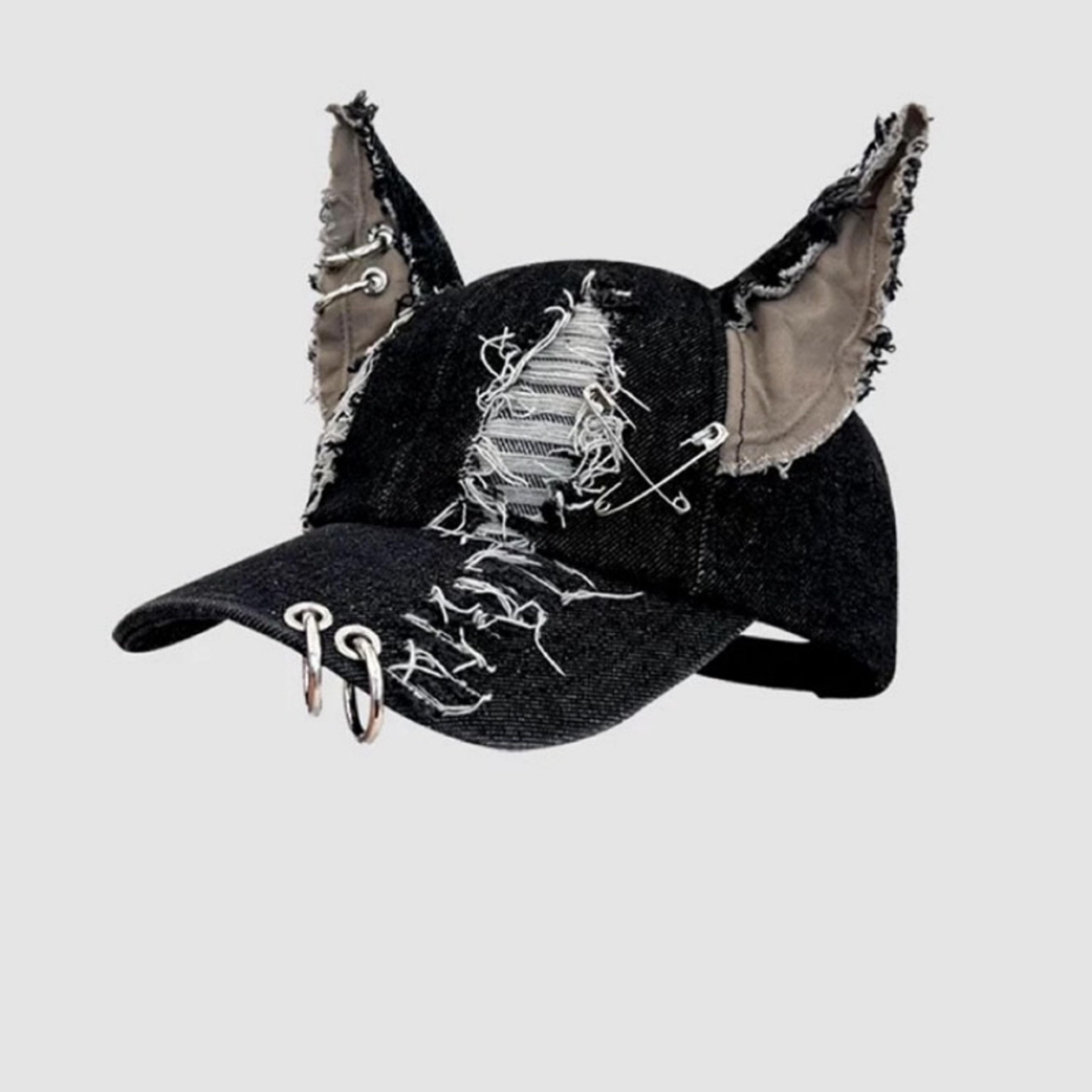 rabbit ear denim cap adjustable ripped streetwear baseball hat with metal ring