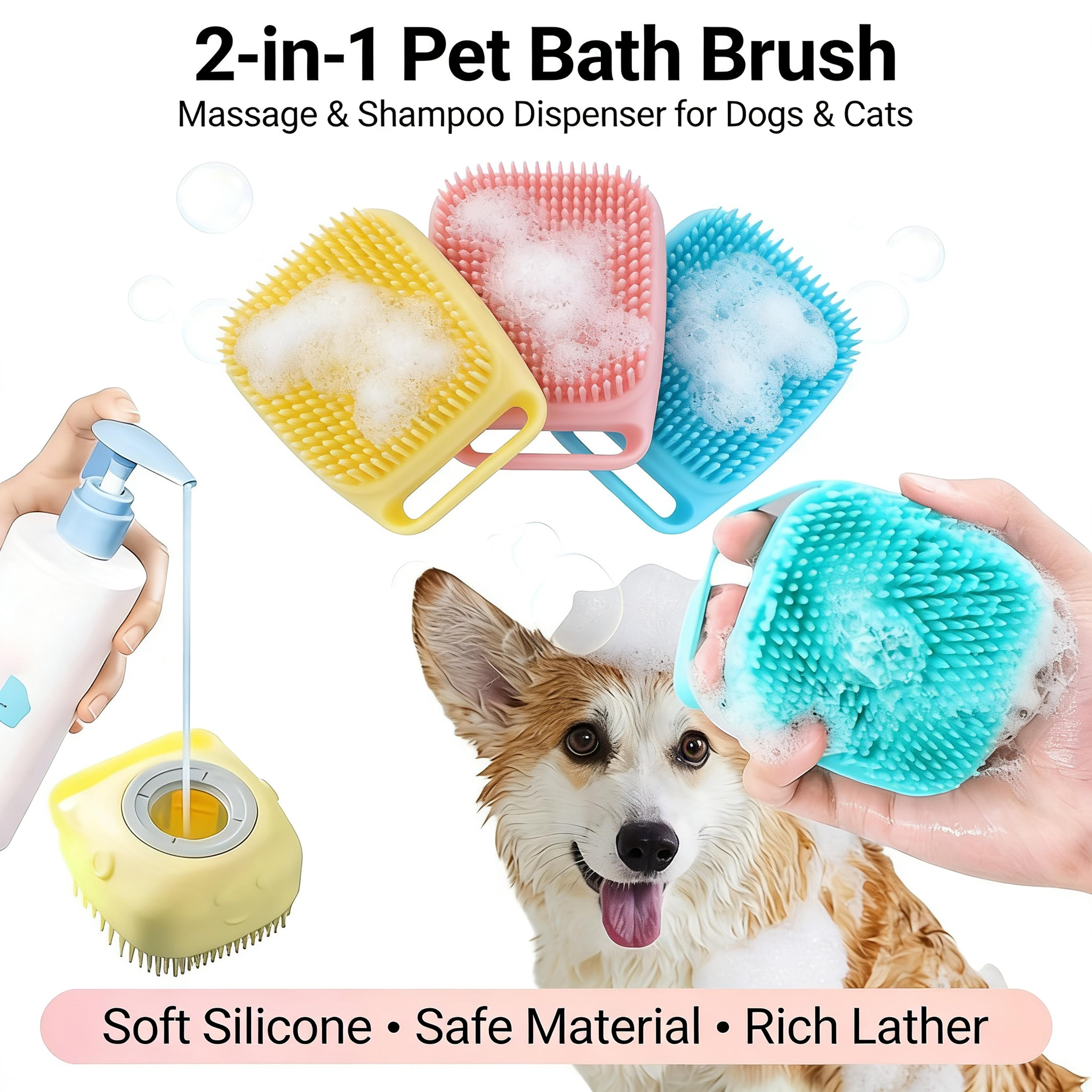 silicone pet bath & massage brush with shampoo dispenser for dogs & cats