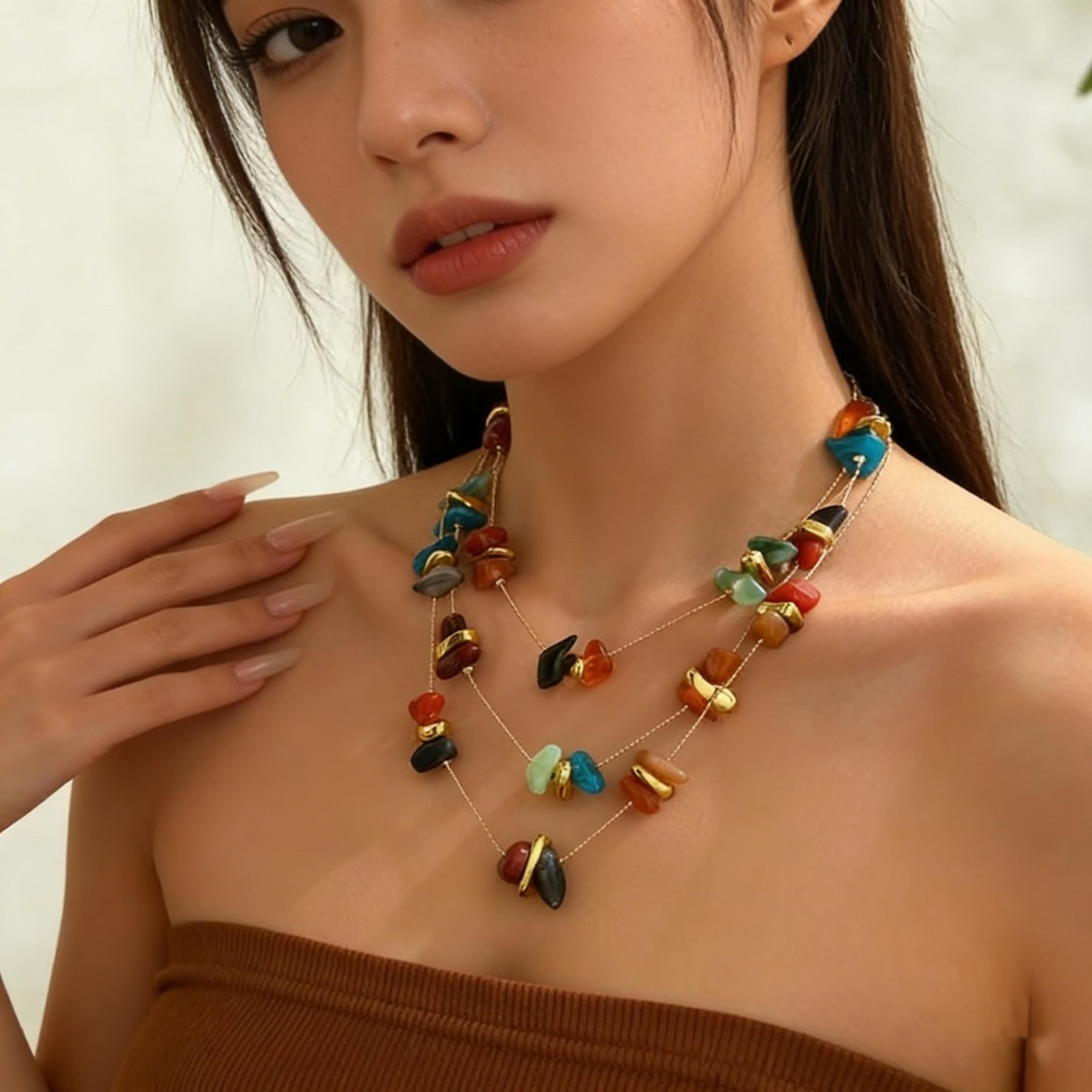 boho multi layer stone bead necklace colorful summer statement jewelry for women