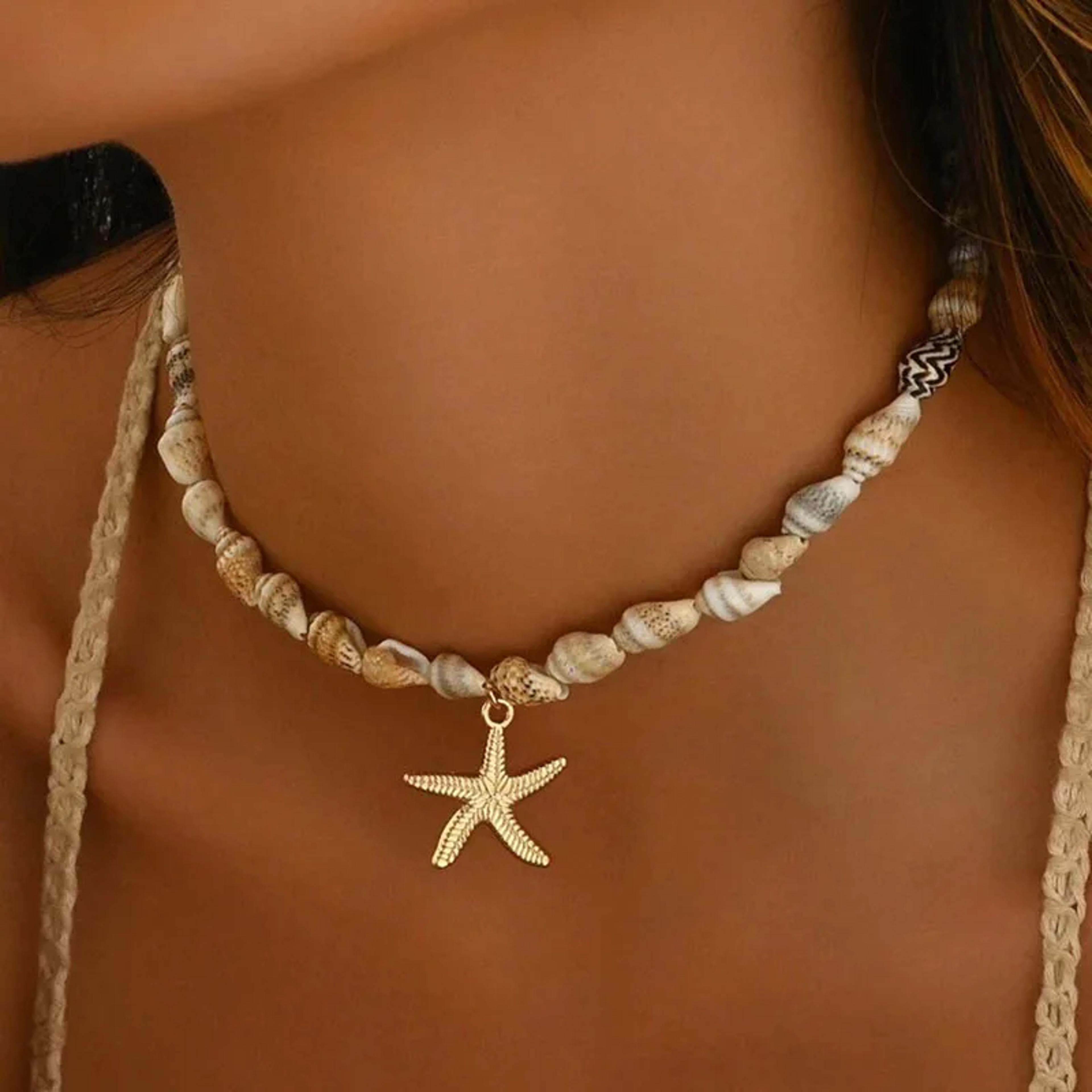 seashell starfish beaded choker necklace for women boho beach ocean jewelry