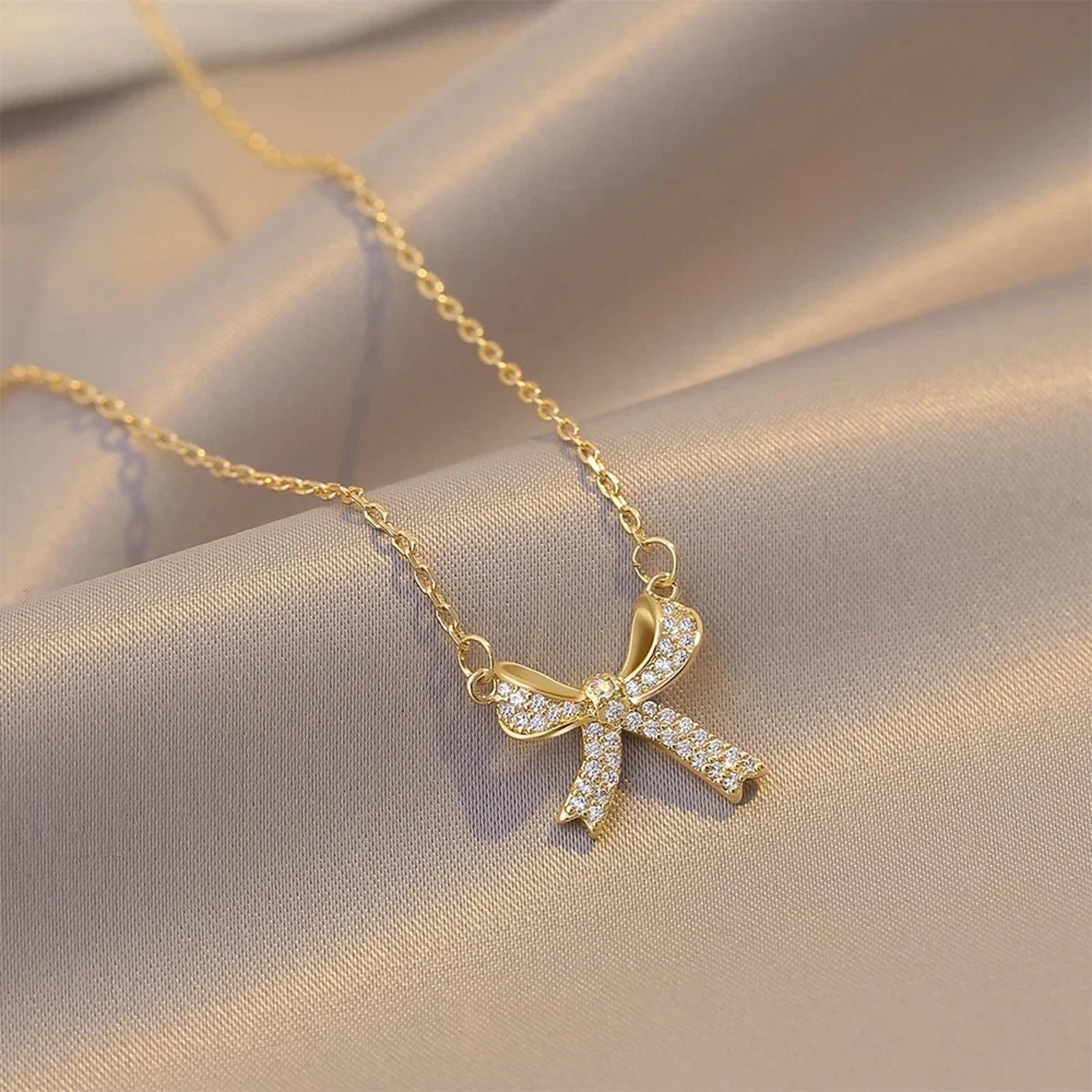 copper inlaid zirconia bow pendant necklace for women elegant bridal clavicle chain jewelry