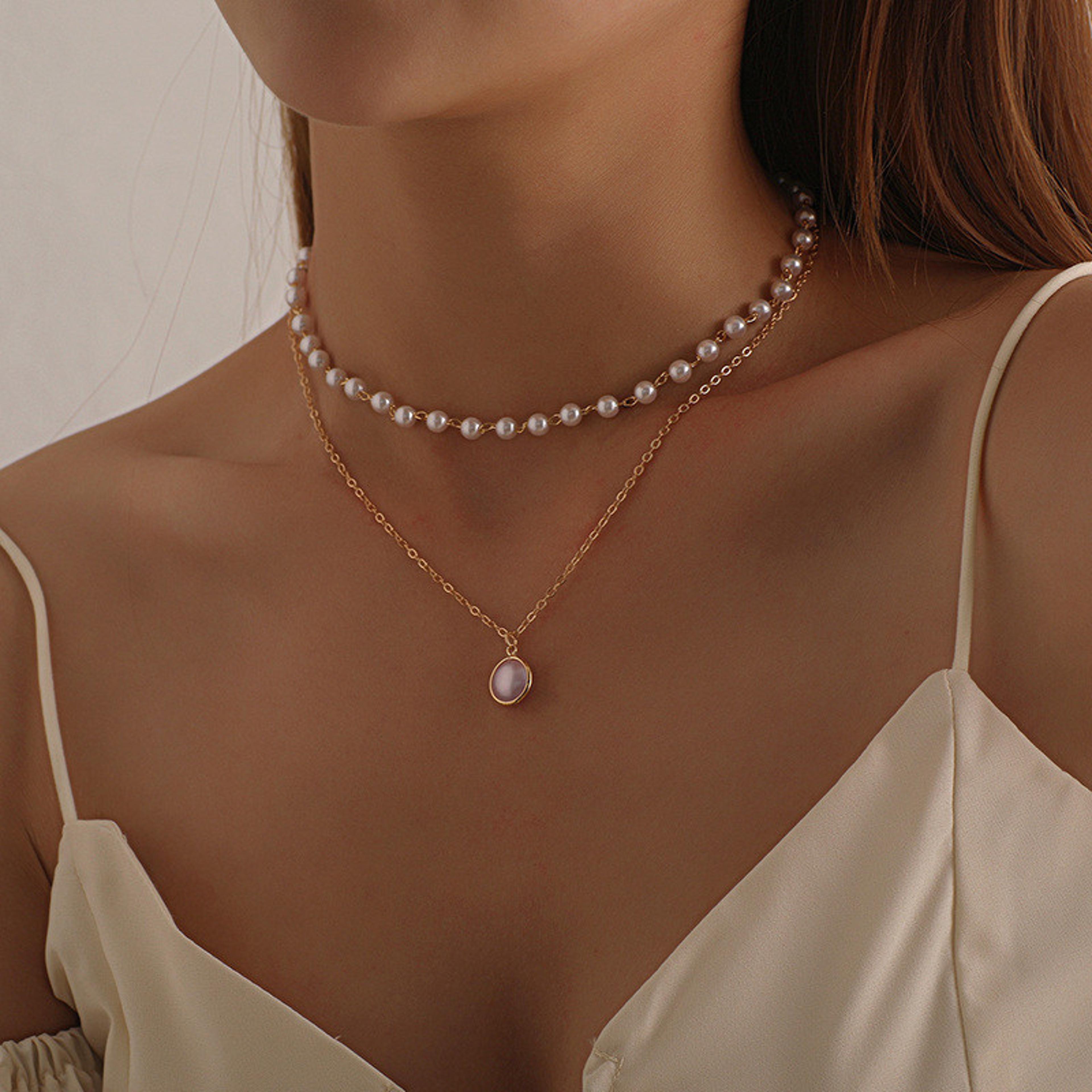double layer pearl choker necklace for women gold silver fashion jewelry gift