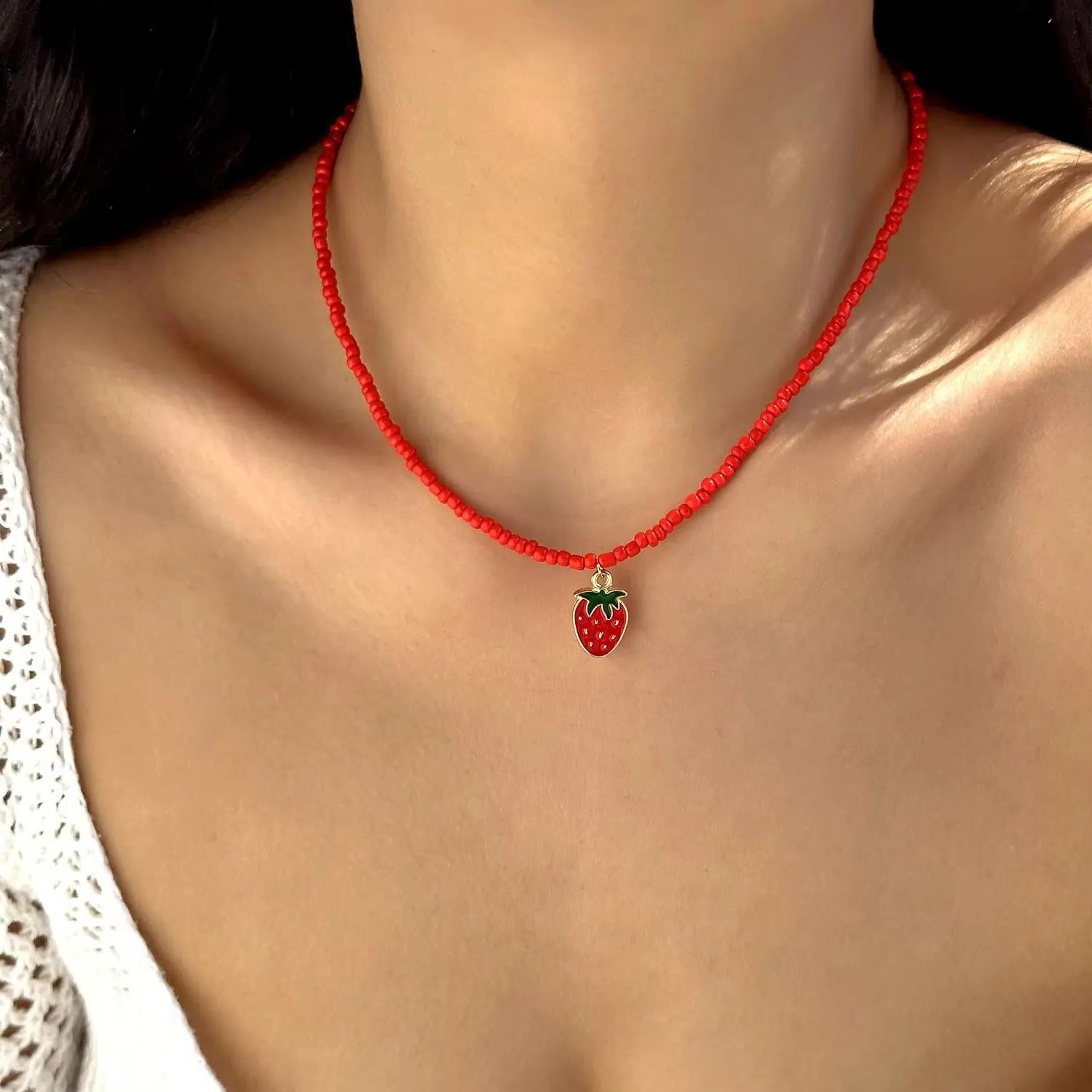 strawberry pendant rice bead choker necklace for women minimalist clavicle chain beach jewelry