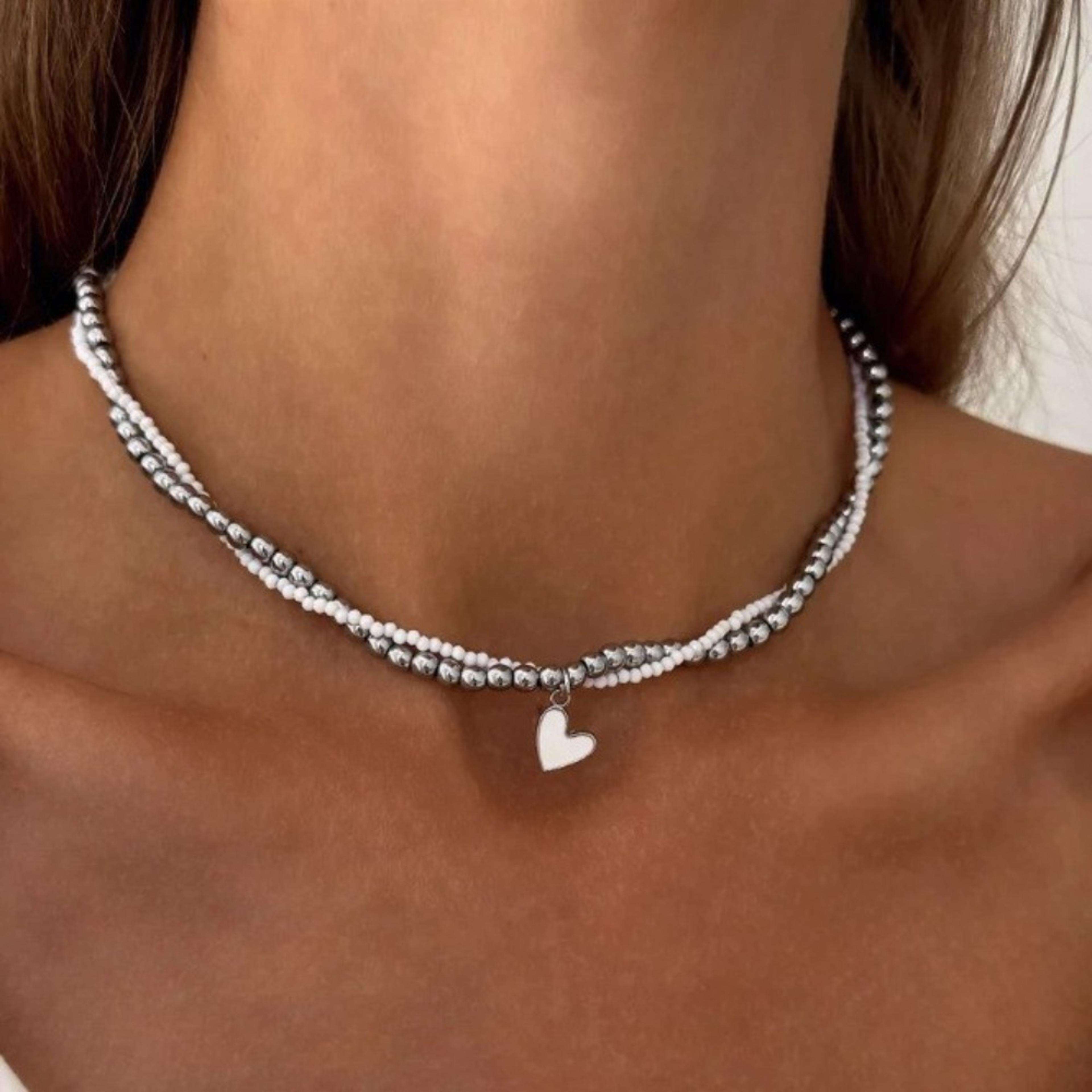 heart pendant beaded choker multi layer necklace for women fashion jewelry