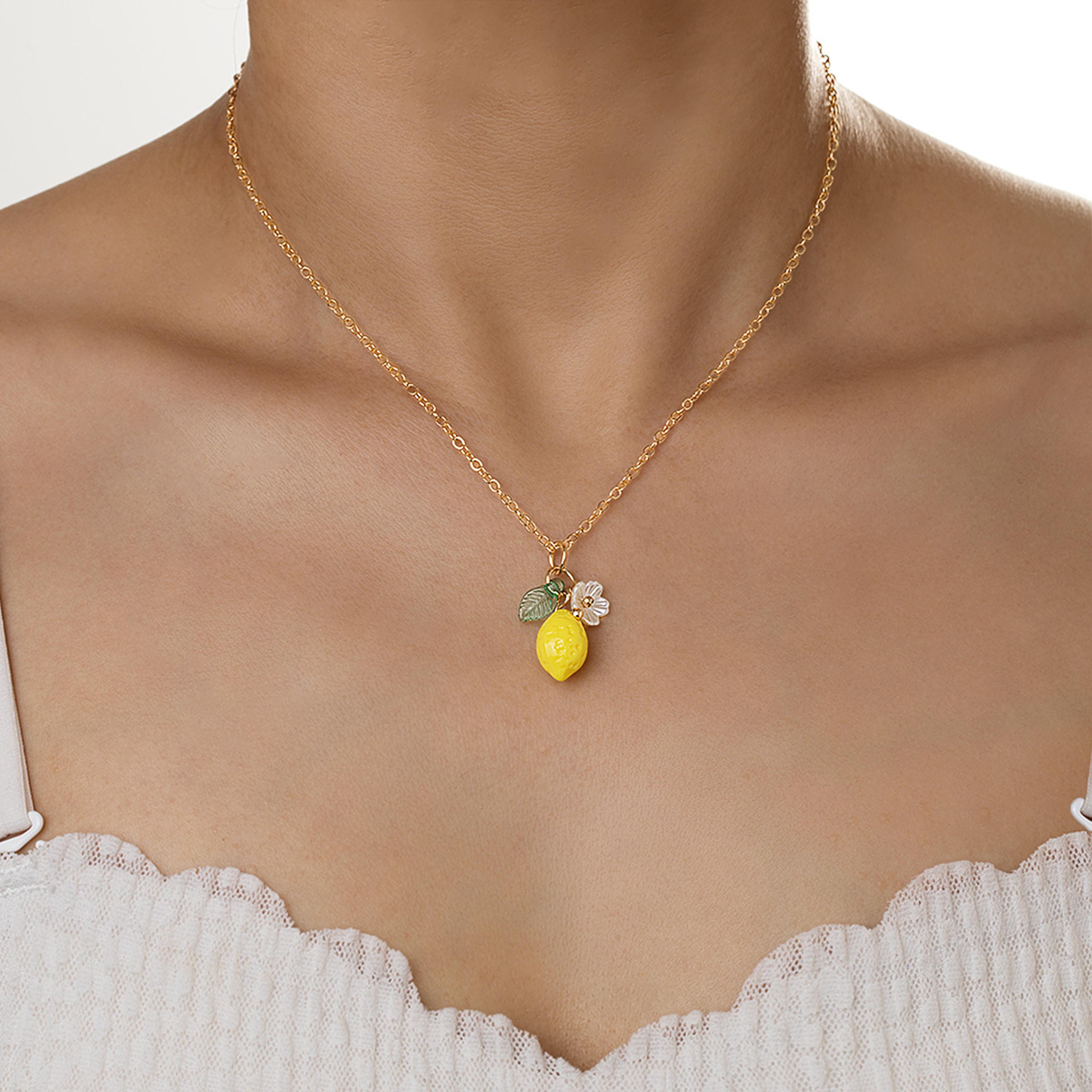 cute lemon fruit pendant necklace & floral earrings jewelry set for women summer fashion gift