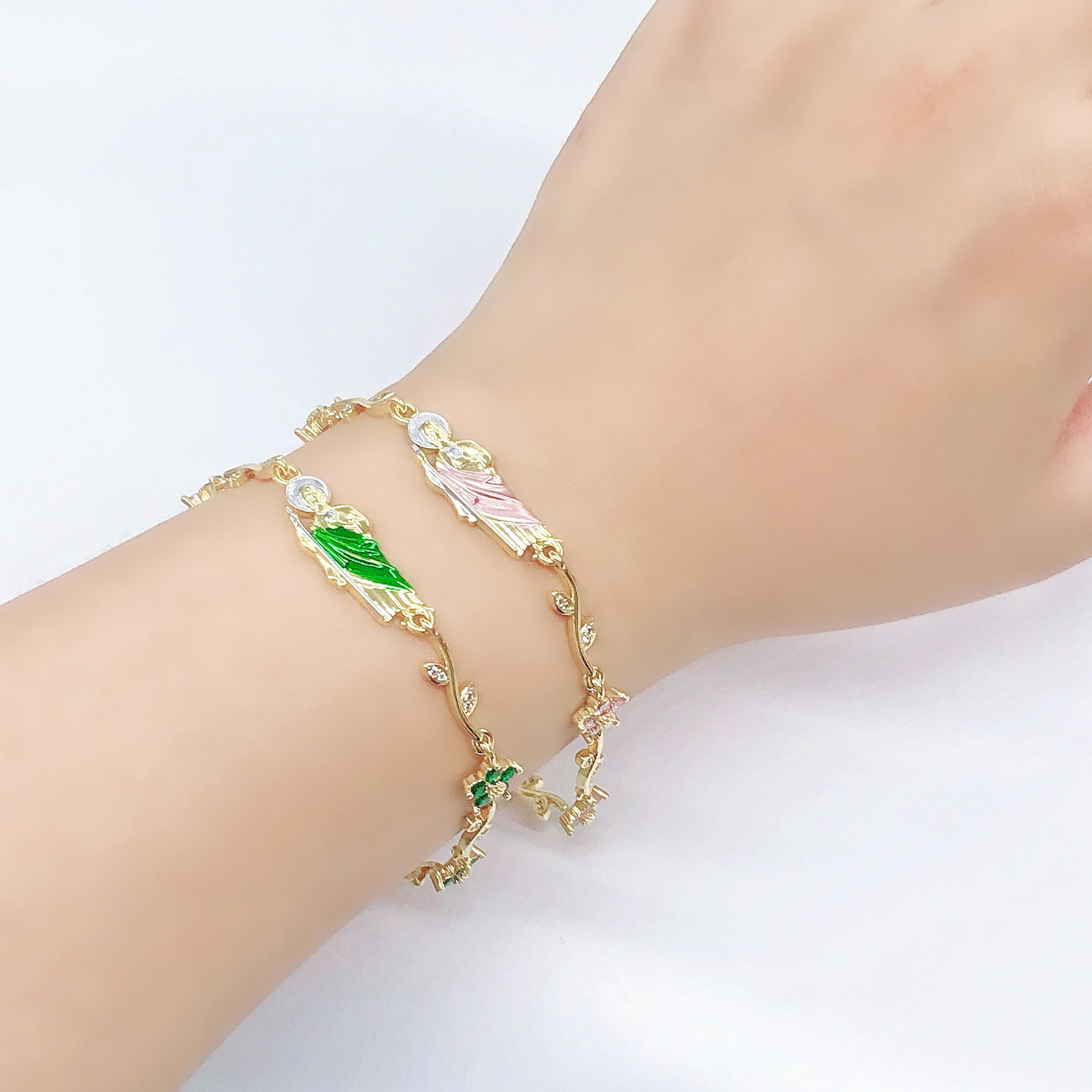 rhinestone flower chain bracelet pink green enamel religious jewelry gift for women & girls