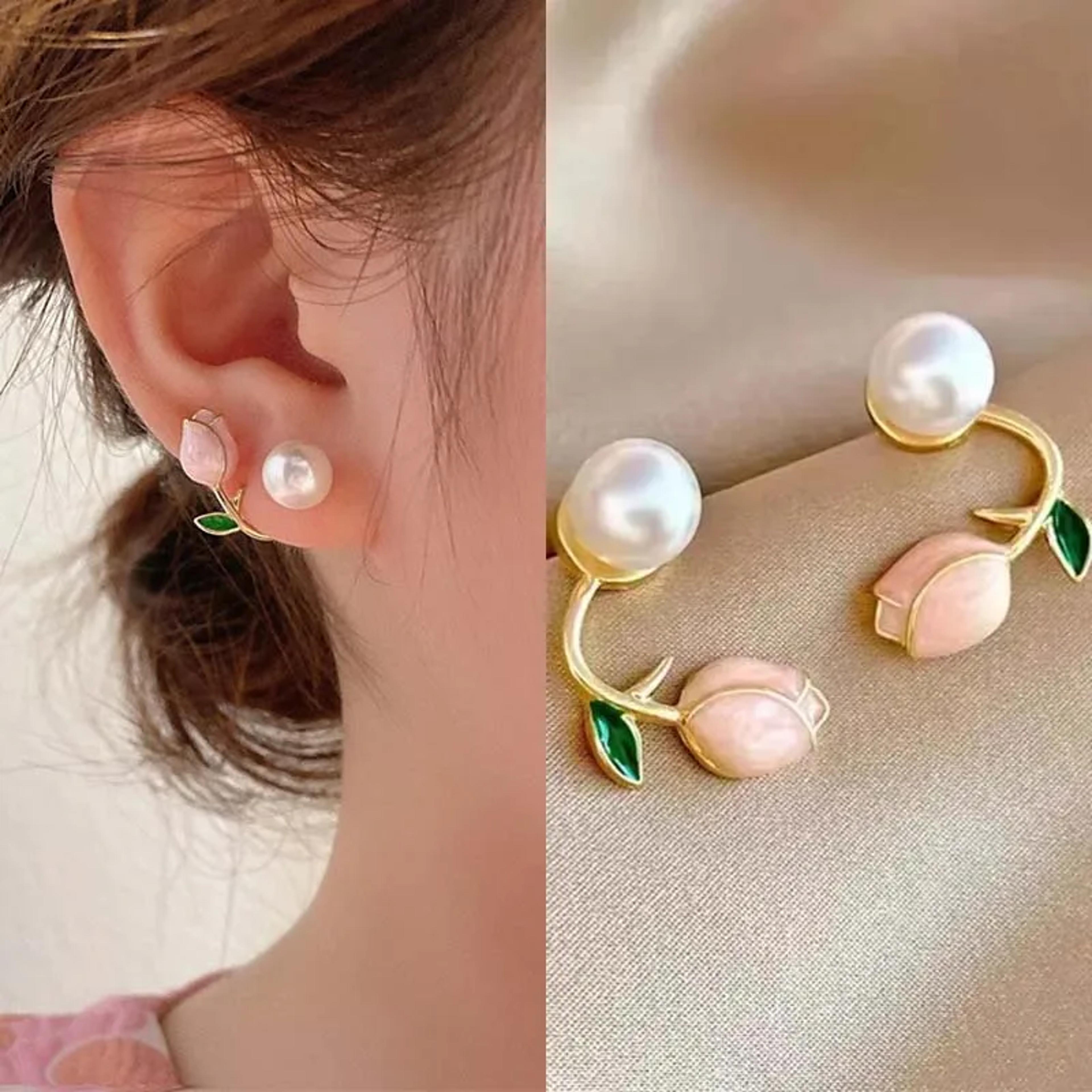 tulip pearl stud earrings for women enamel flower back hanging fashion jewelry