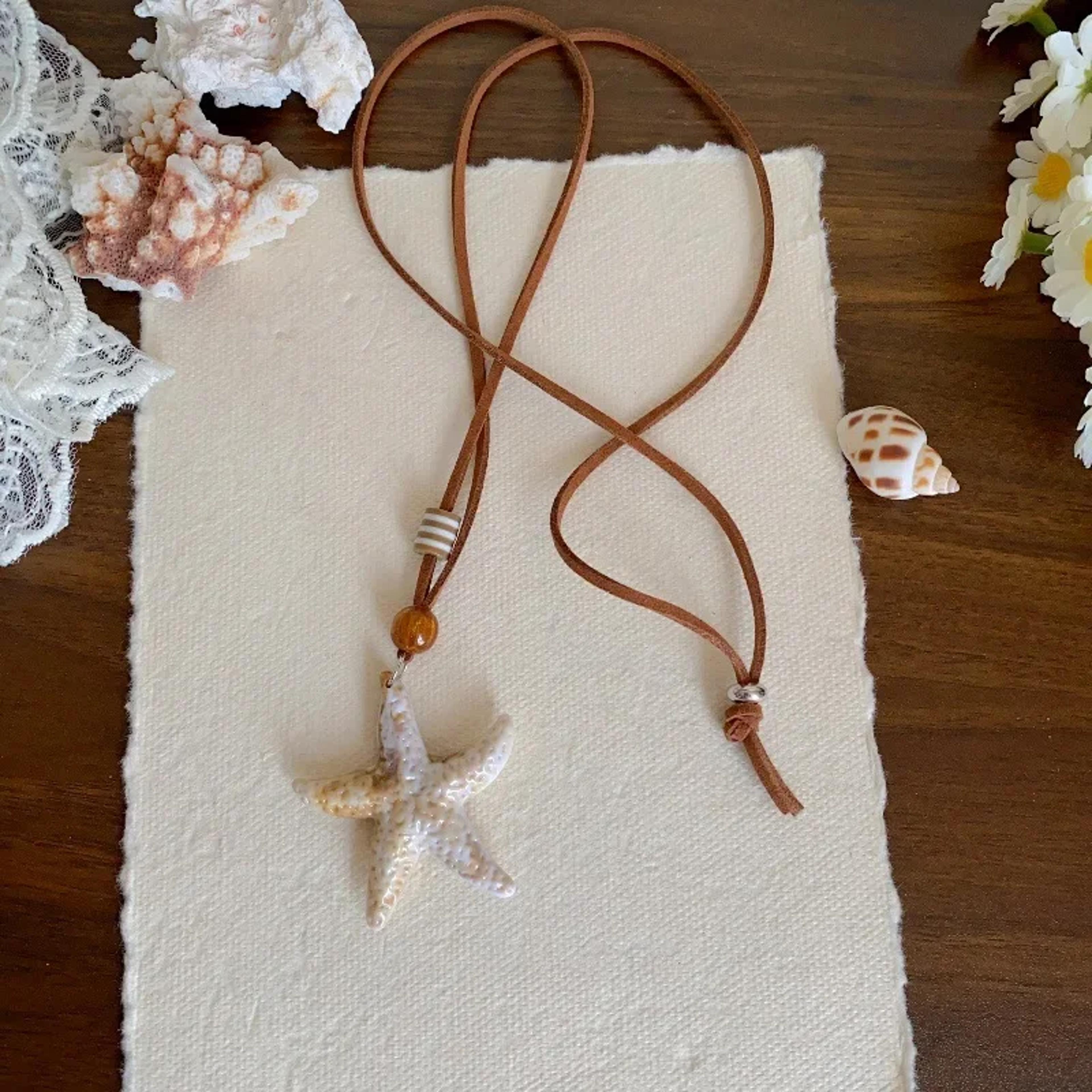 boho starfish pendant necklace adjustable rope & vintage leather cord beach jewelry for women