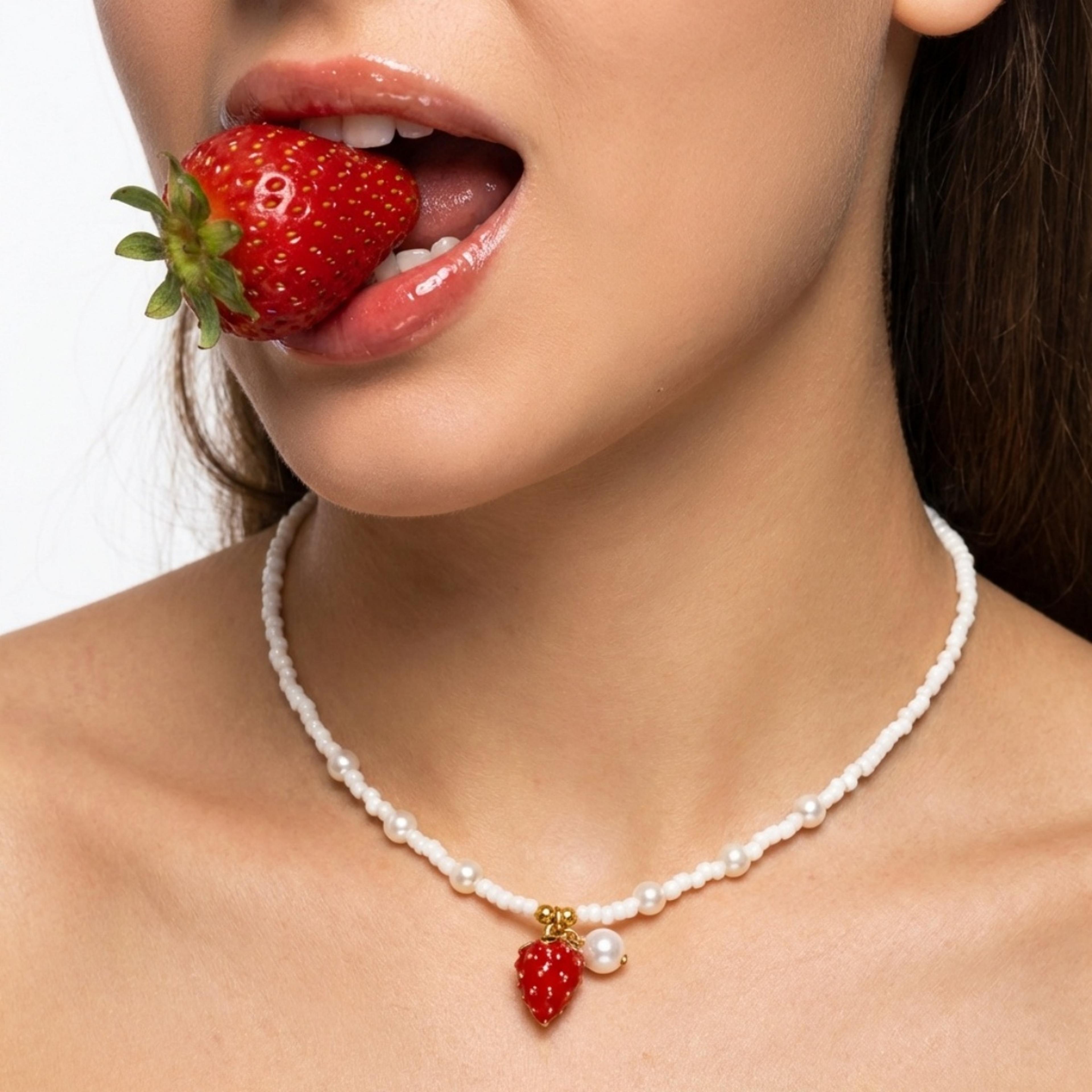 strawberry pendant beaded choker necklace cute summer fruit tassel jewelry