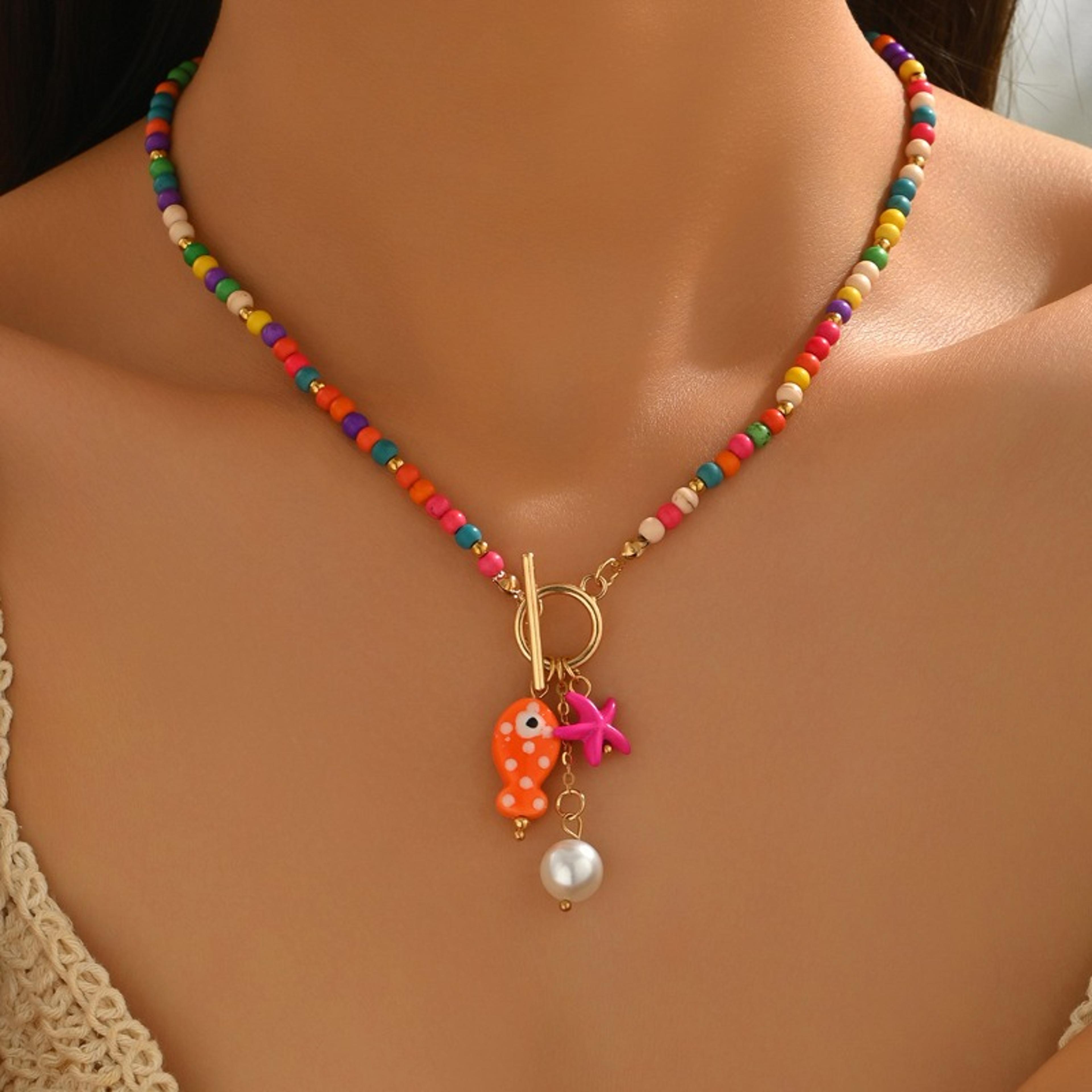 bohemian starfish rice bead choker necklace handmade ceramic fish beach pendant jewelry