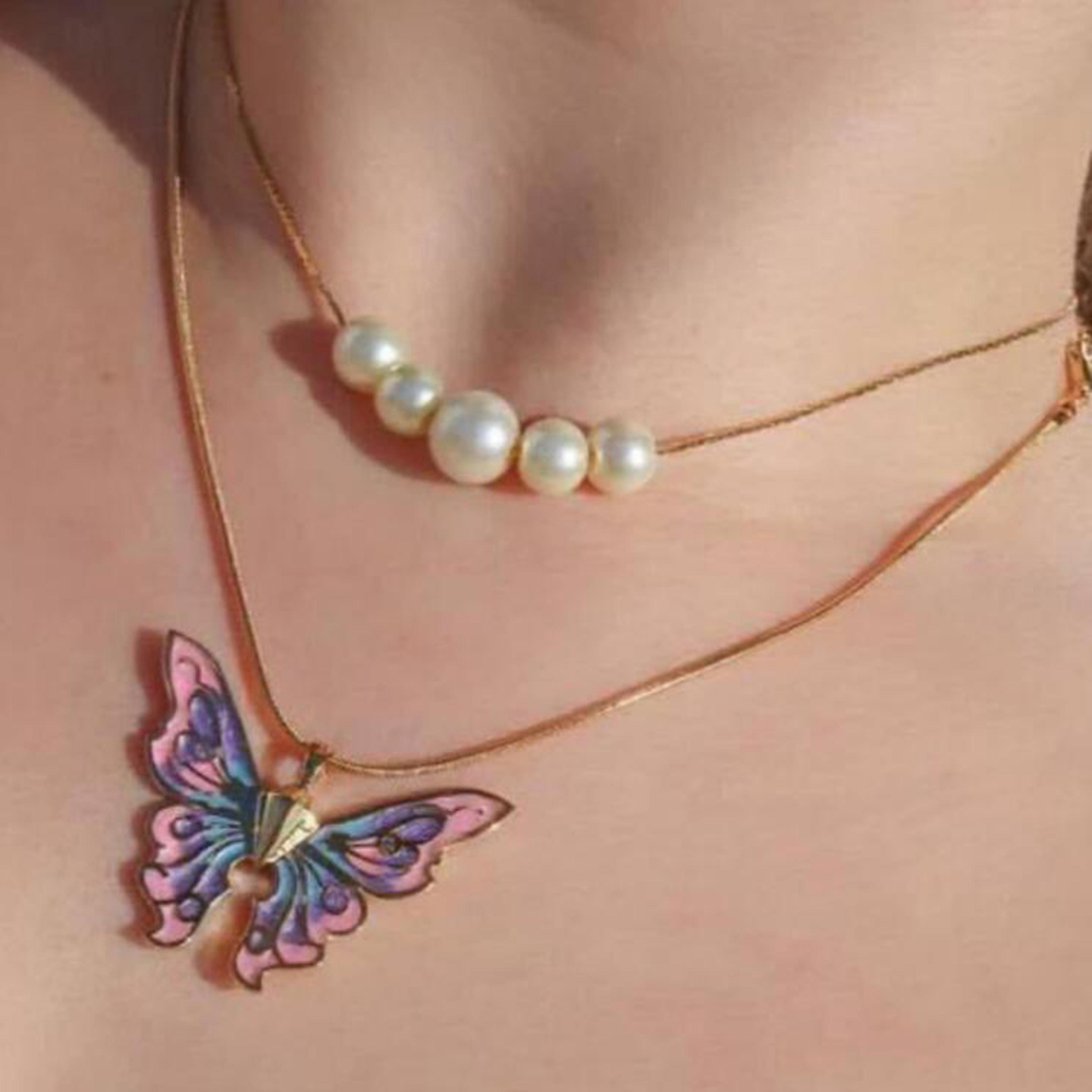 aesthetic butterfly pearl double chain choker necklace for women style jewelry