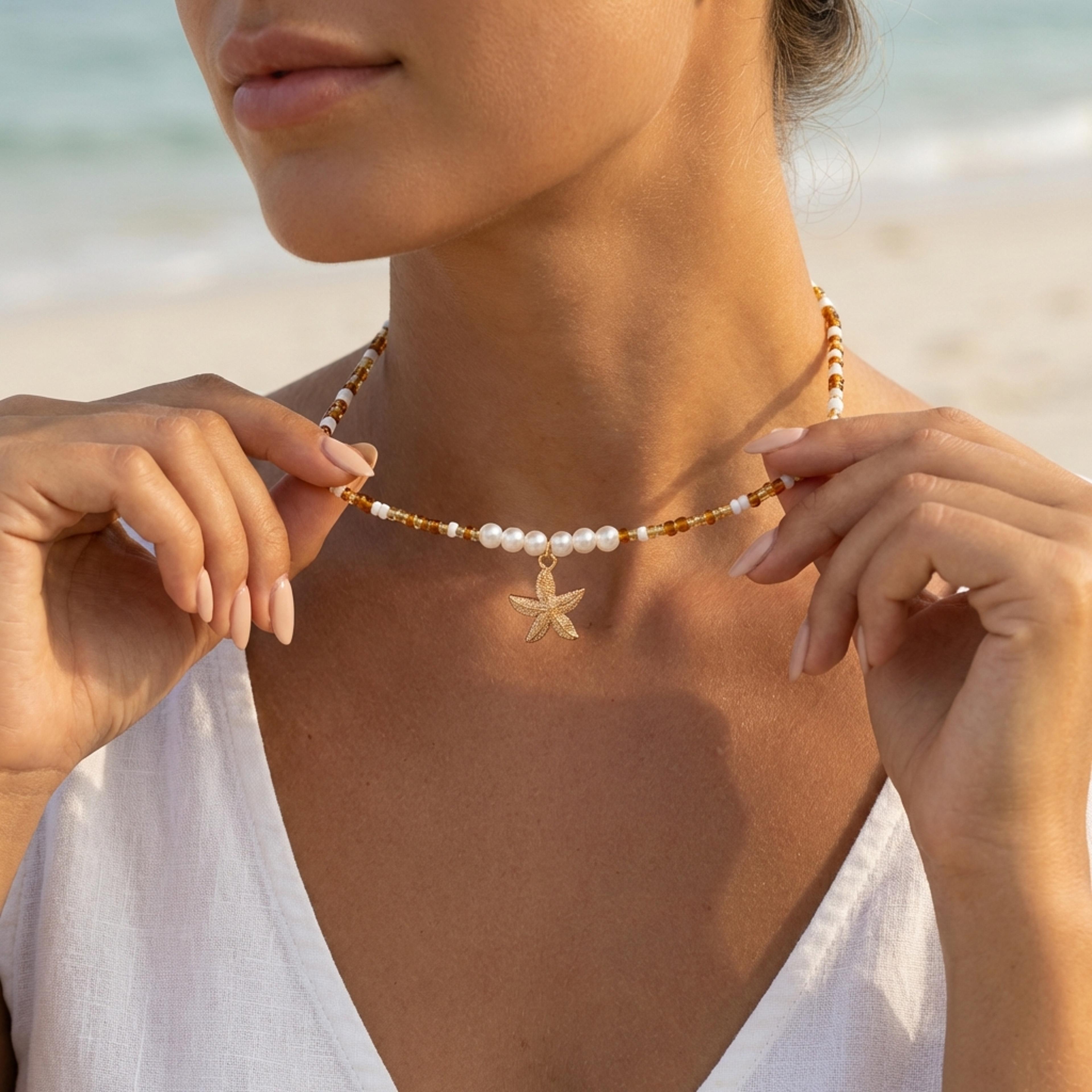 boho pearl starfish choker necklace gold surfer style beach jewelry for women