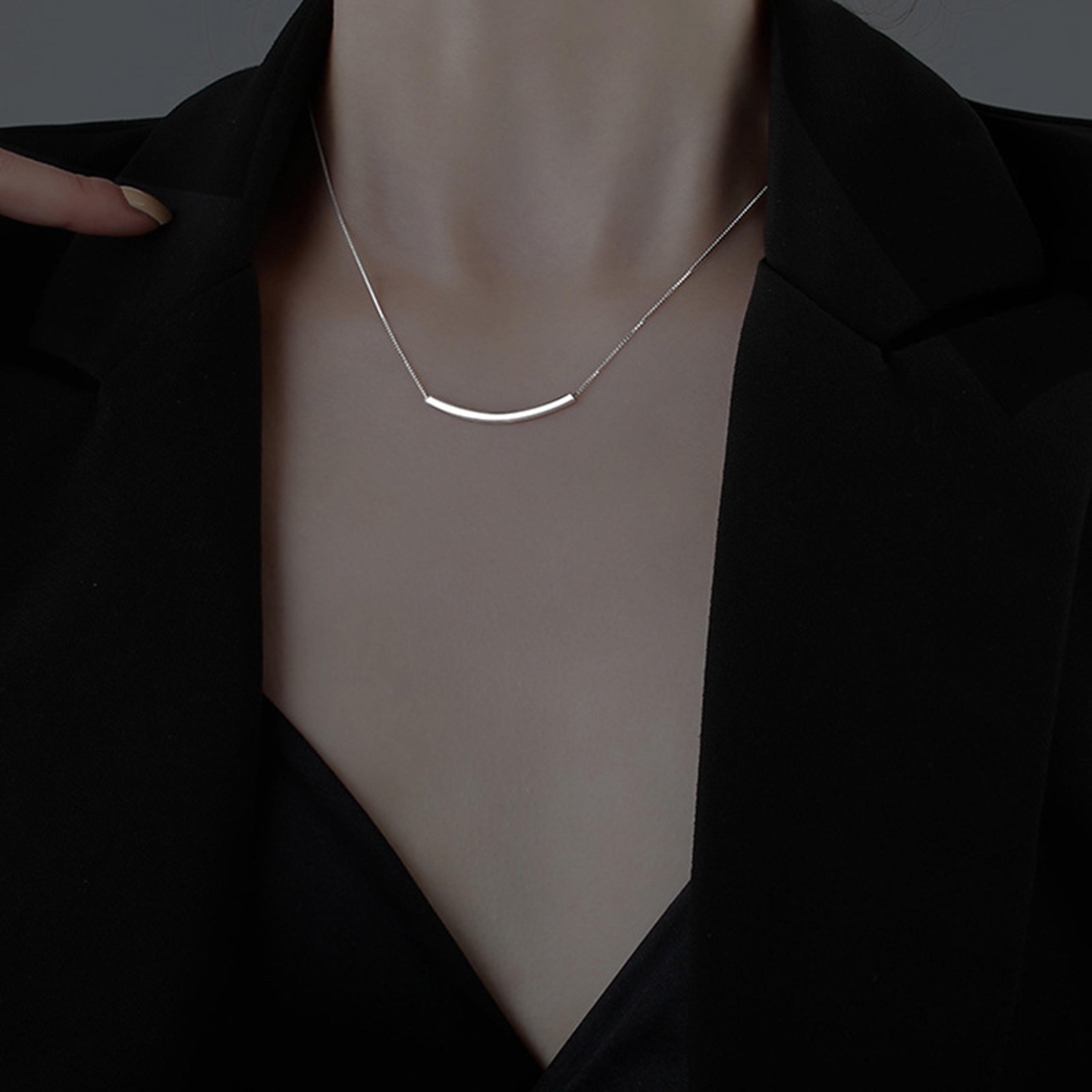 minimalist silver smile necklace sterling silver collarbone chain curved tube pendant jewelry
