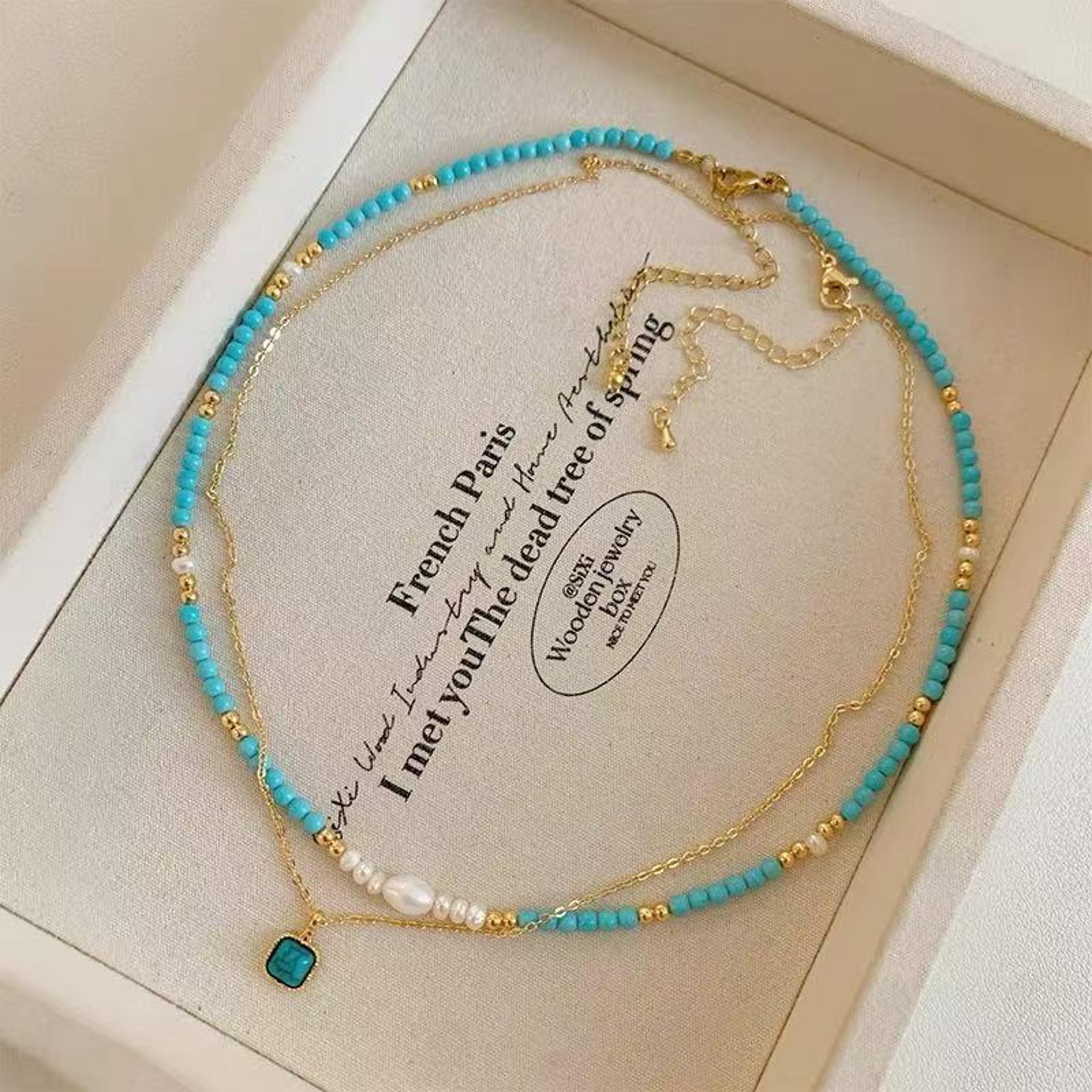 elegant double layer turquoise pearl layered necklace collarbone chain trendy womens jewelry