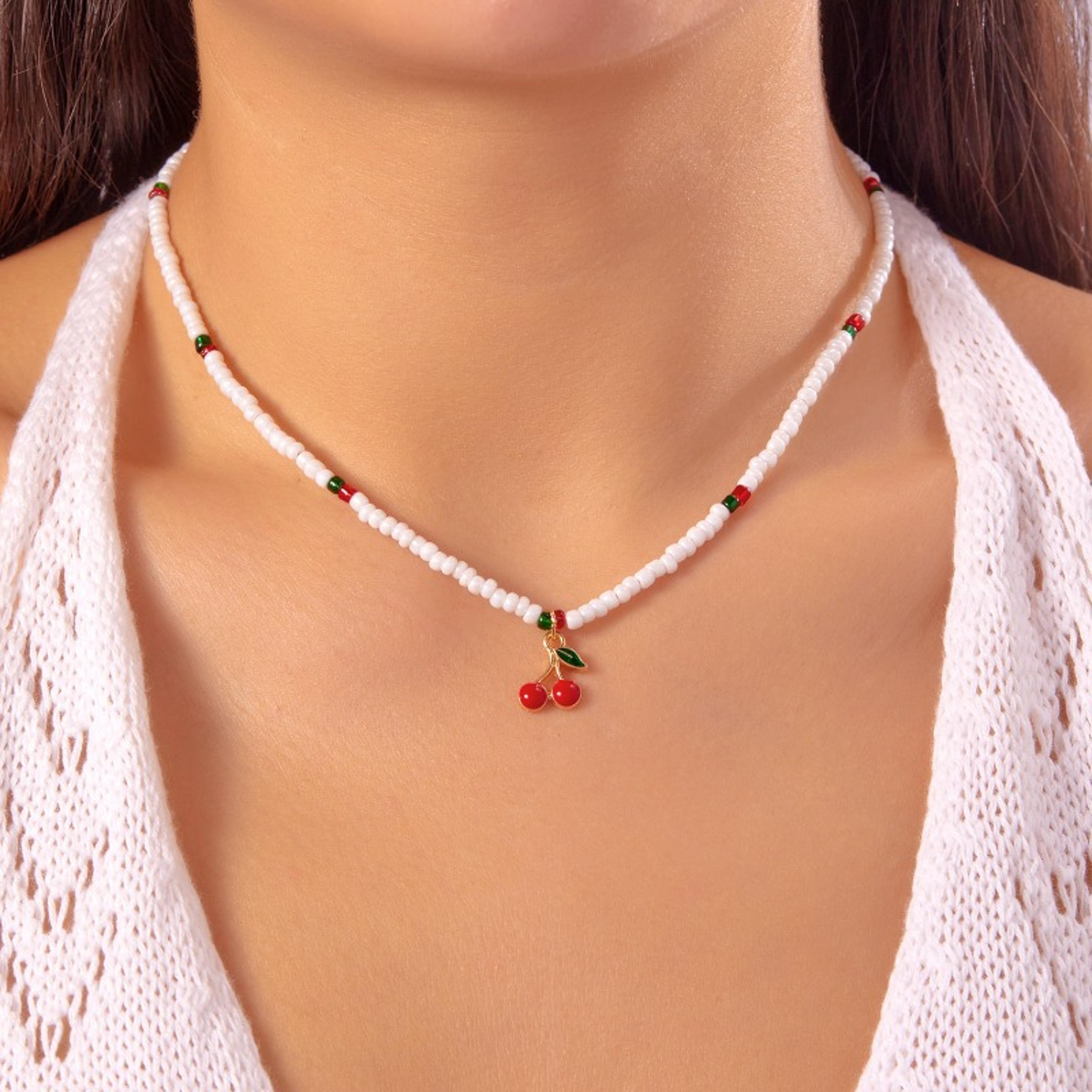 summer fruit beaded necklace with strawberry & cherry pendant for women cute fashion jewelry