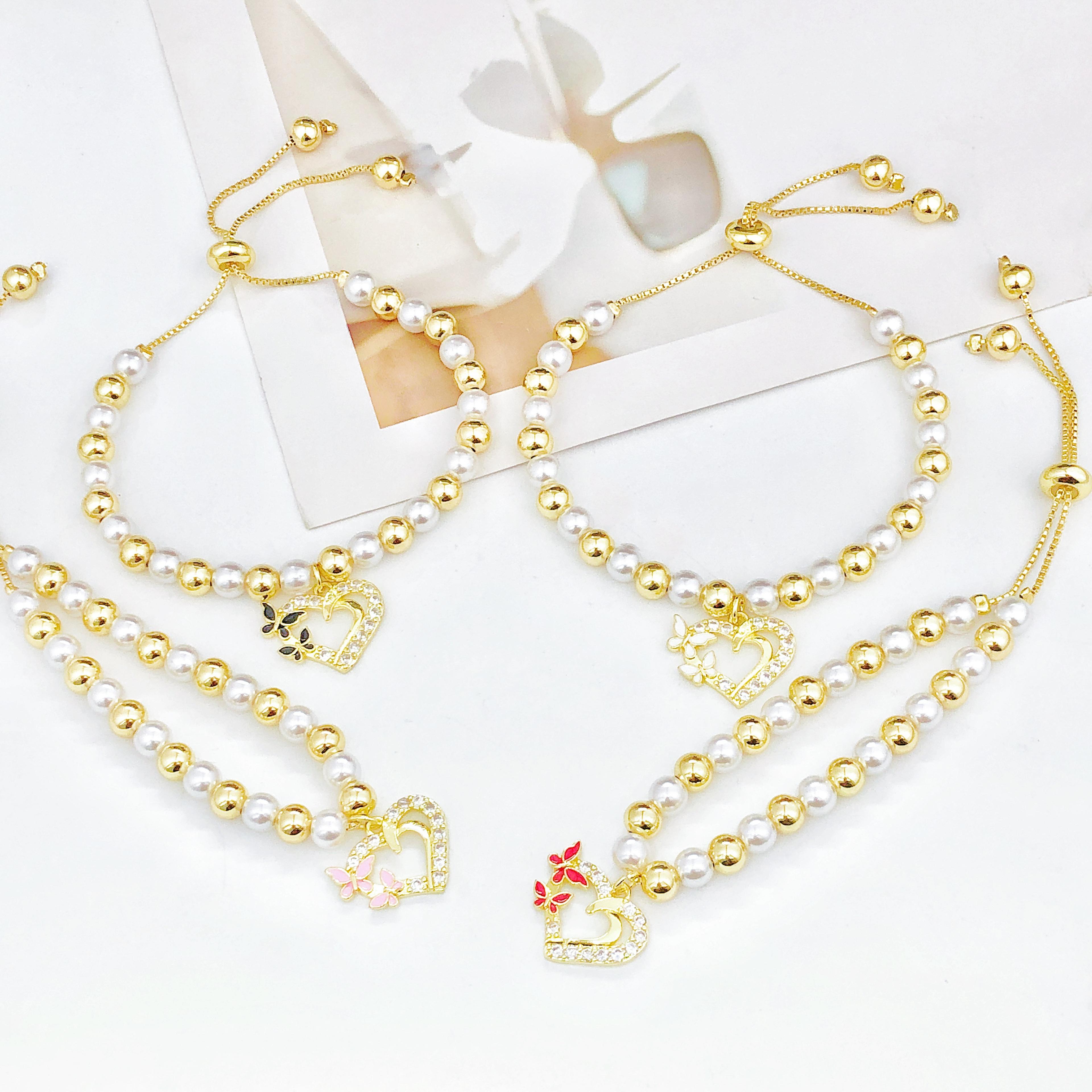 pearl chain heart pendant bowknot zirconia bracelet women's fashion jewelry gift