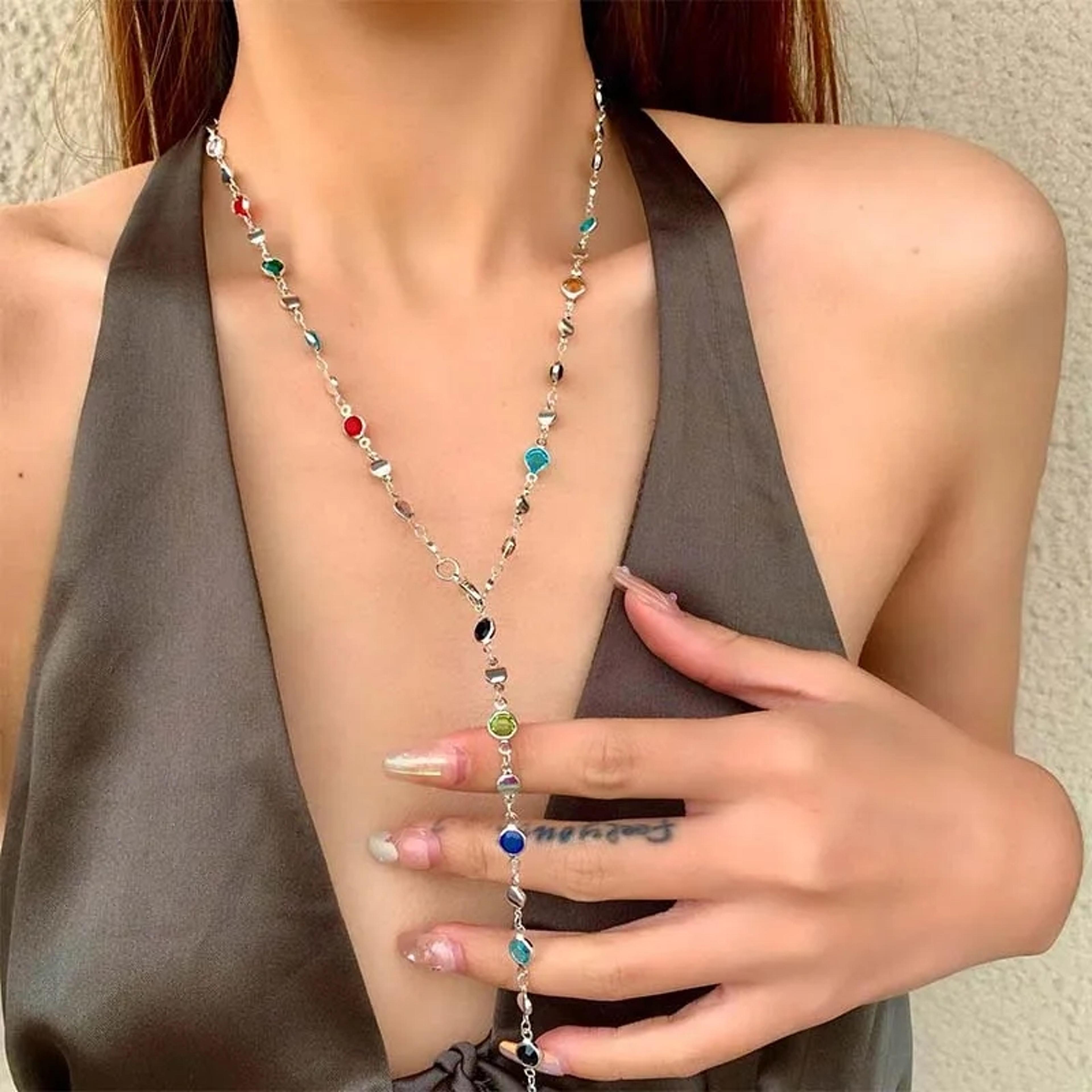 bohemian rhinestone crystal tassel necklace for women colorful long statement choker jewelry
